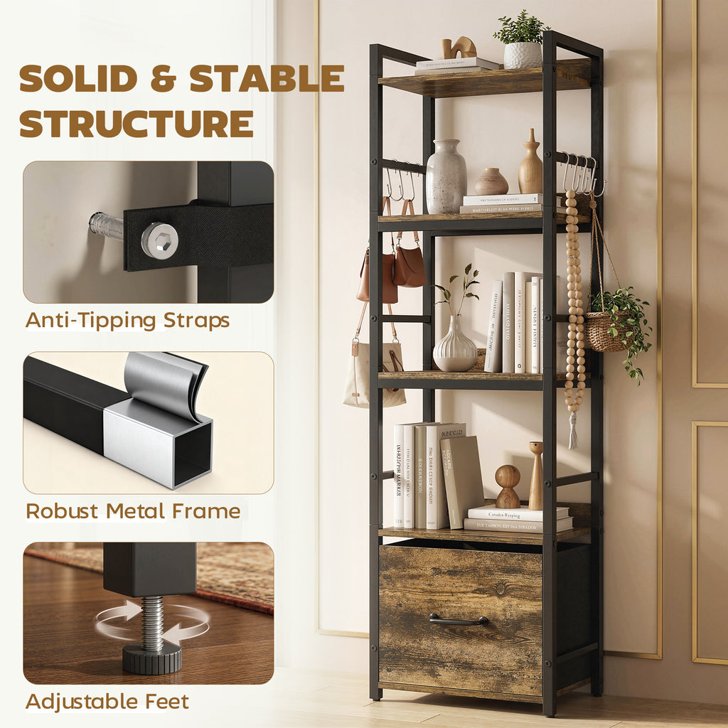 4-Tier Bookshelf, Narrow Bookcase with Drawer, 8 Hooks, Metal Frame, Rustic Brown