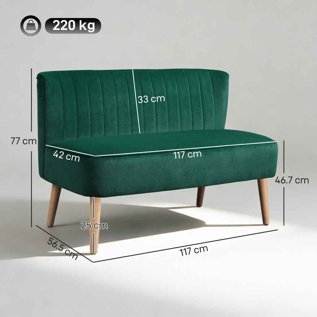 117cm Loveseat Sofa Upholstered Small 2 Seater Sofa  with Thick Padded Seat and Rubber Wood Legs, Dark Green