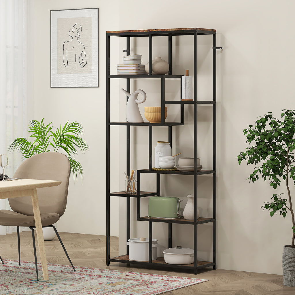 Seven-Tier Geometric Bookcase - Brown/Black
