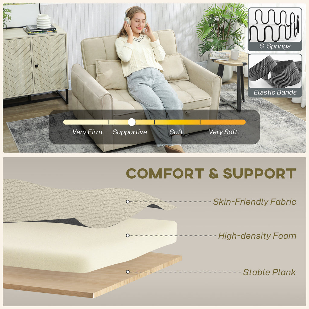 2 Seater Sofa Bed, 3-in-1 Convertible Sleeper Sofa with Click-clack Adjustable Backrest and 2 Pillows, Light Brown