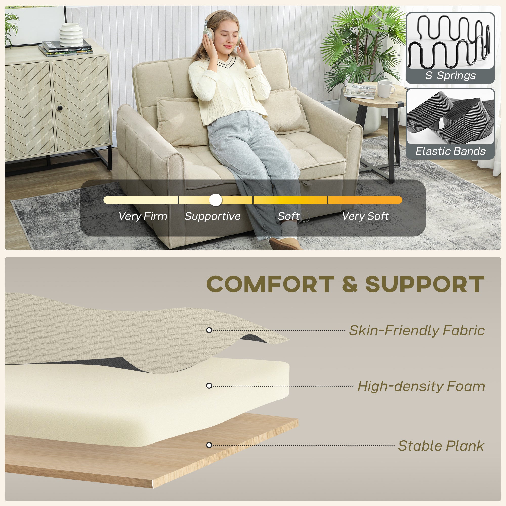 2 Seater Sofa Bed, 3-in-1 Convertible Sleeper Sofa with Click-clack Adjustable Backrest and 2 Pillows, Light Brown