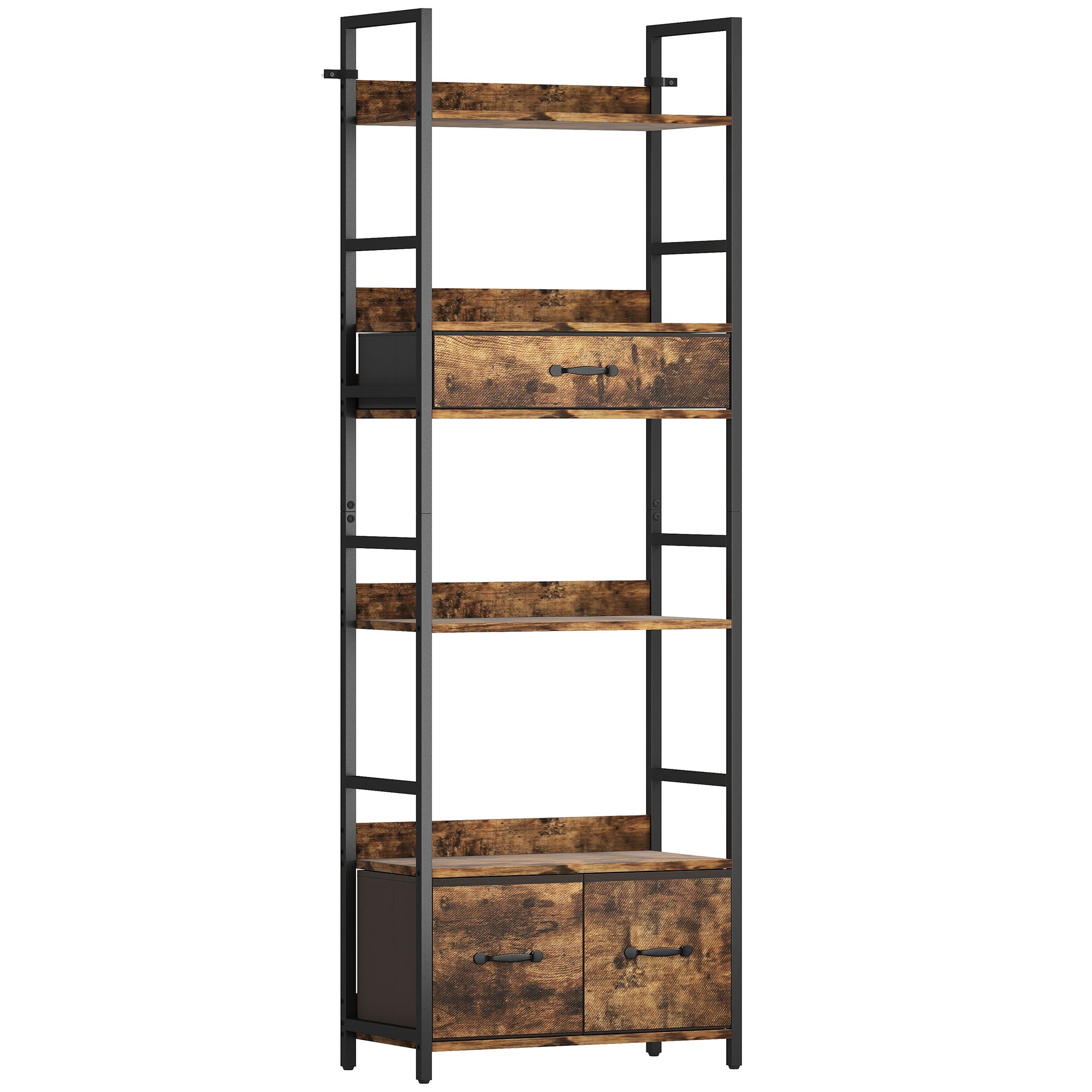 Industrial Style Bookcase, with 4 Shelves and 3 Fabric Drawers - Brown/Black