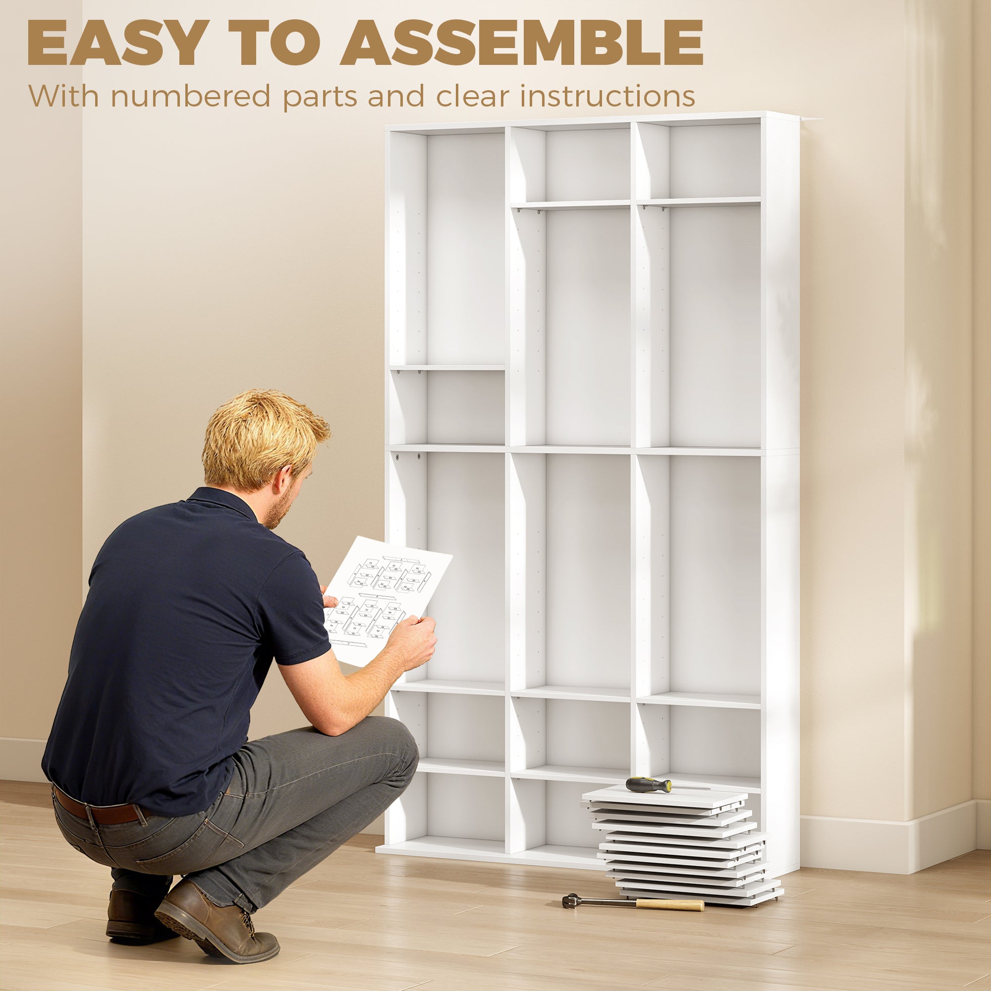 835 CD/500 DVD Storage Unit, Blu-ray Media Storage Shelf with 27 Compartments and 21 Adjustable Shelves, White