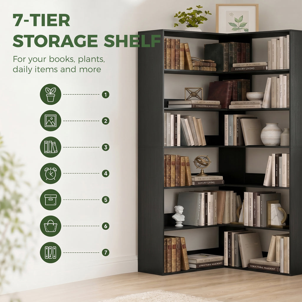 7 Tiers Bookshelf, L-Shaped Corner Bookcase with Anti-Slip Rear Guard, Black Wood Effect