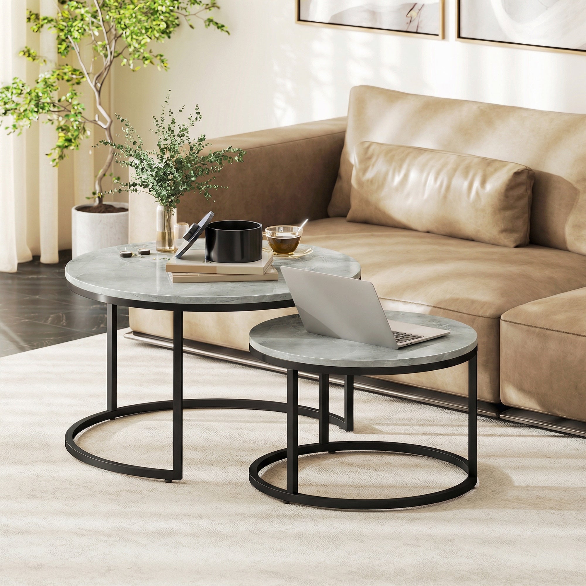 Set of Two Marble-Effect Stacking Tables - Grey