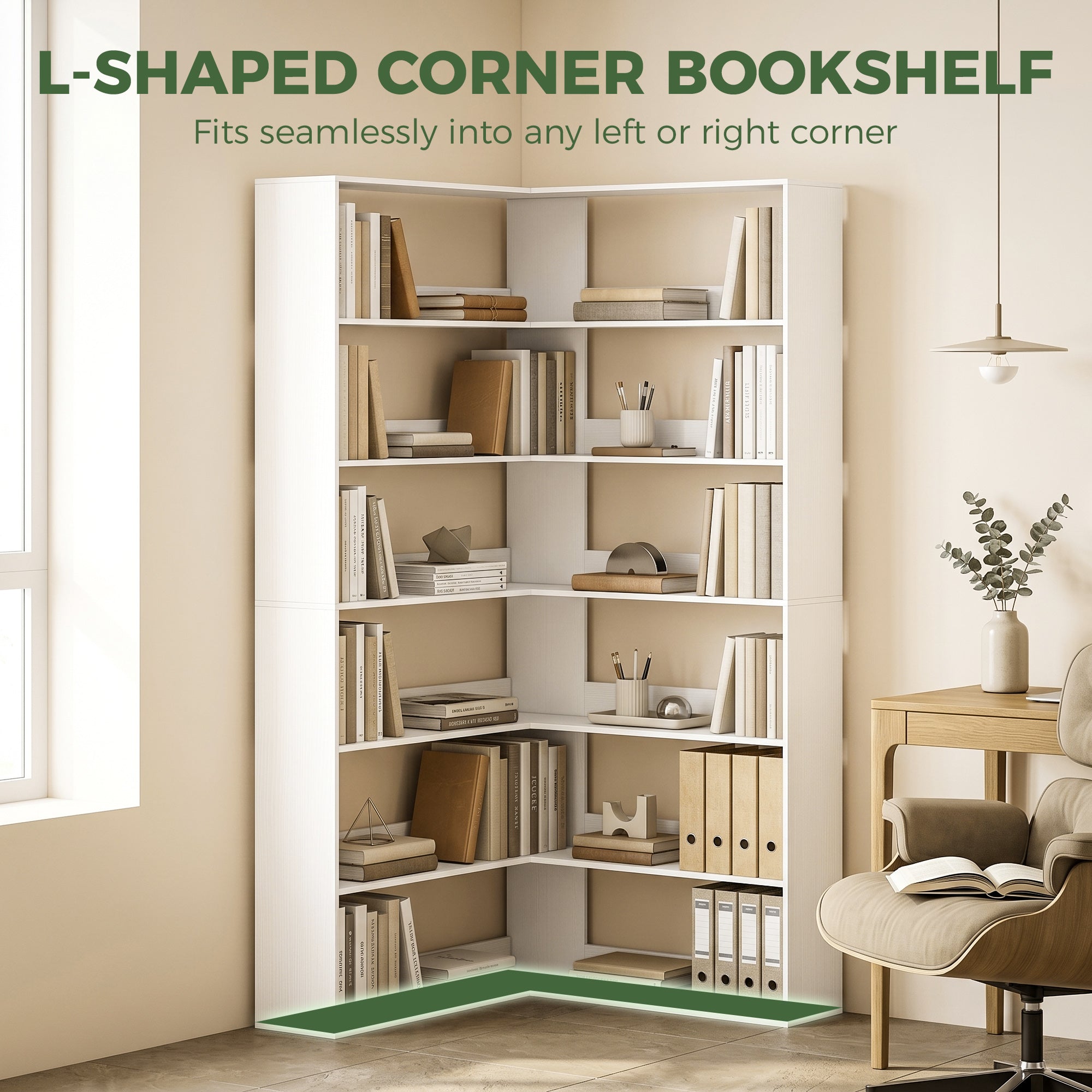 7 Tiers Bookshelf, L-Shaped Corner Bookcase with Anti-Slip Rear Guard, White Wood Effect