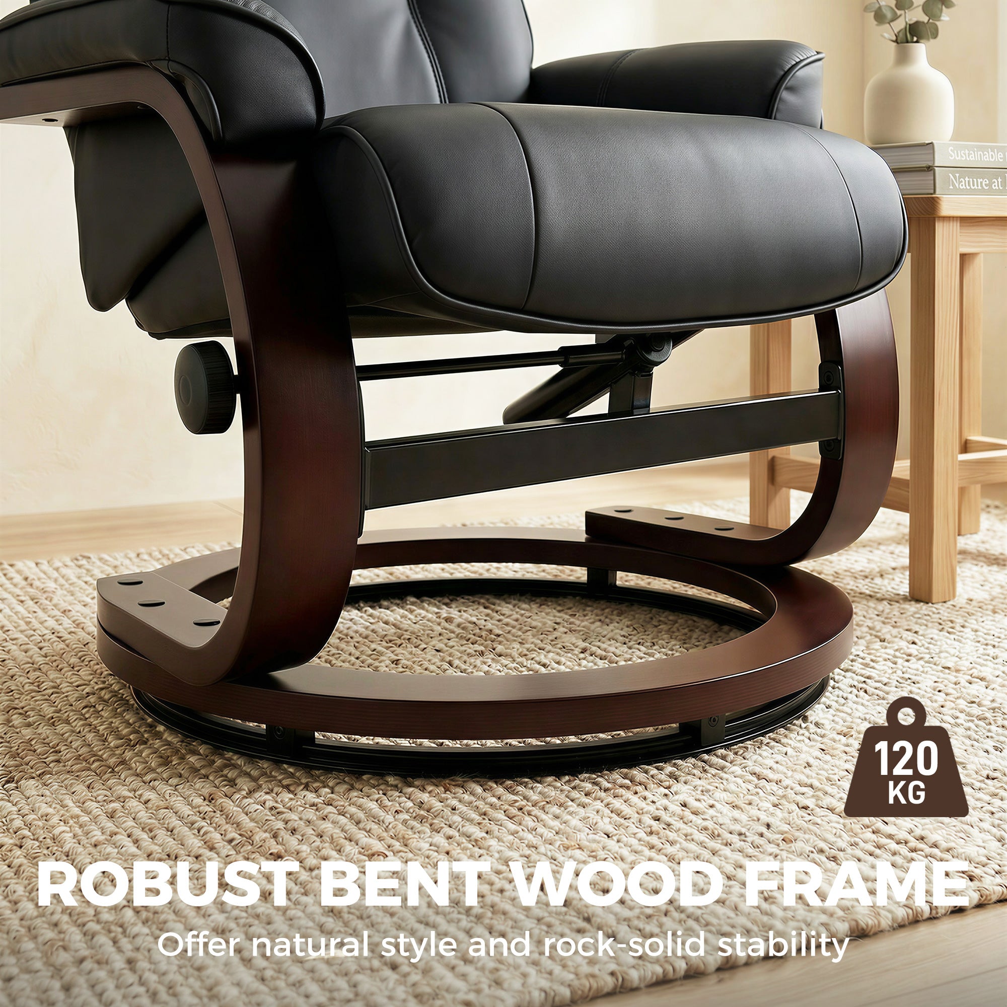 Swivel Recliner Chair with Footstool, PU Leather Recliner Armchair with Adjustable Back and Wood Frame, Black