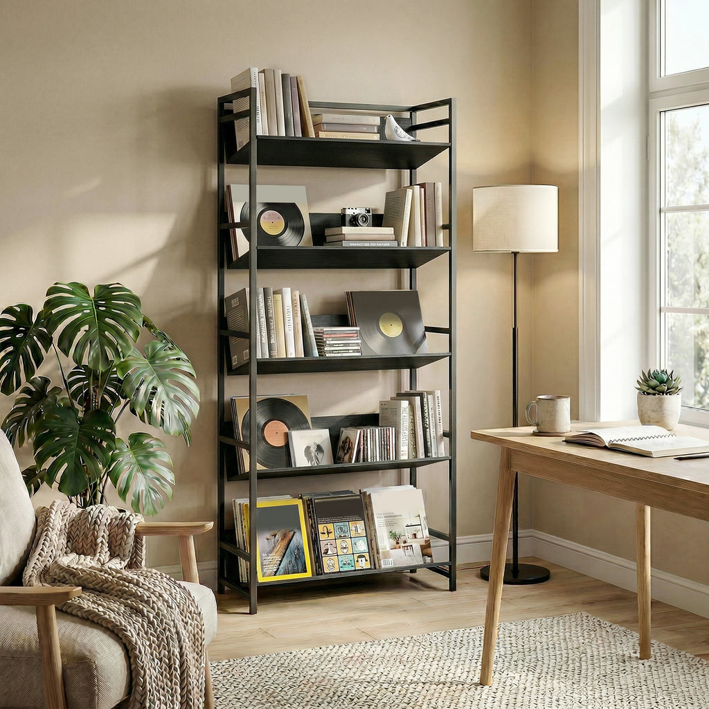 Bookshelf 5-Tier Metal Frame Bookcase Storage Shelves for Living Room Black