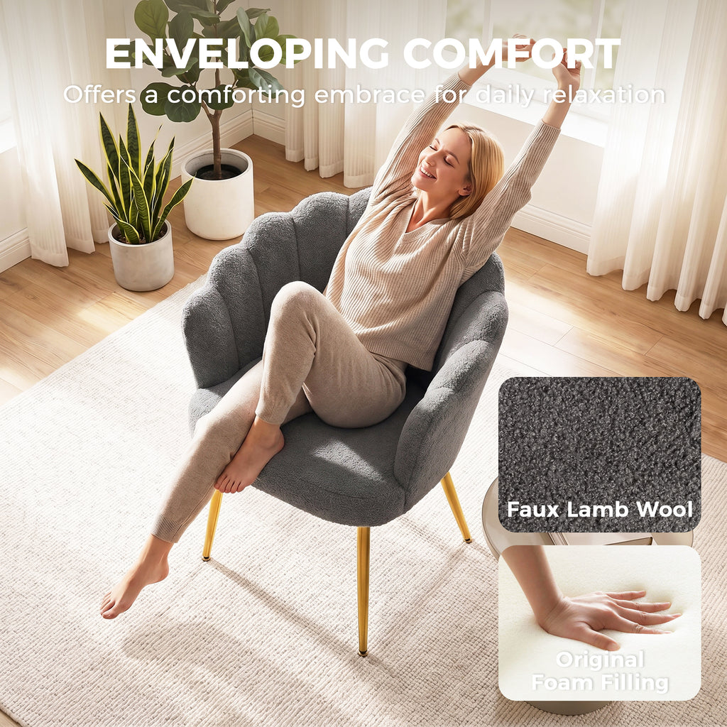 Lounge Chair Petal-Back Armchair Metal Metal Legs for Living Room Bedroom, Grey