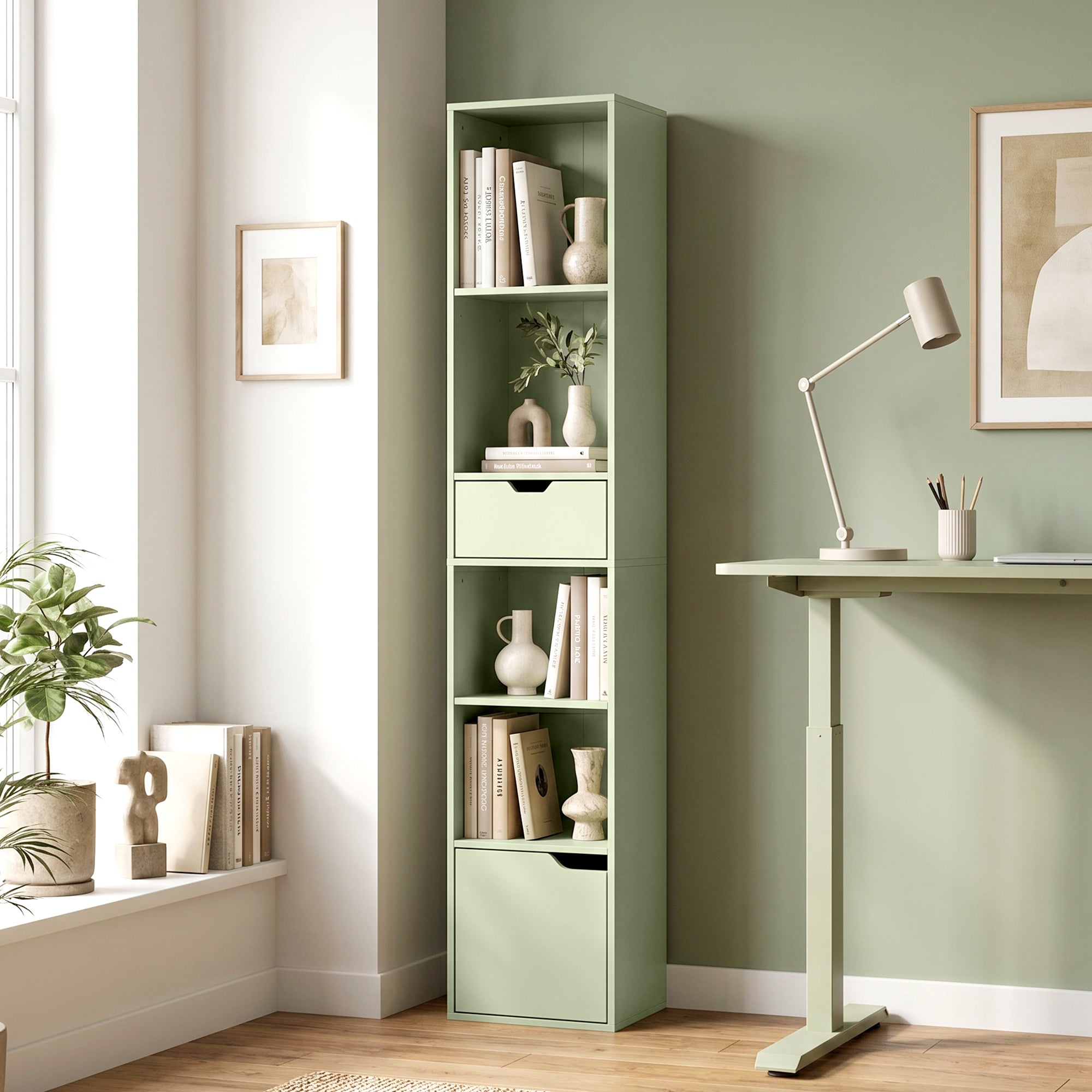 6-Tier Bookcase, Tall Narrow Bookshelf with Drawer and Door - Green