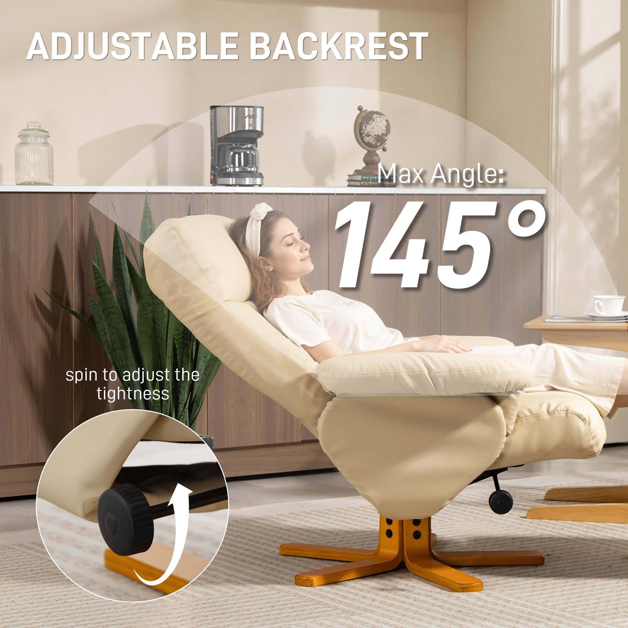 PU Leather Swivel Recliner Chair with Footstool, Wooden Base and Storage for Living Room, Beige