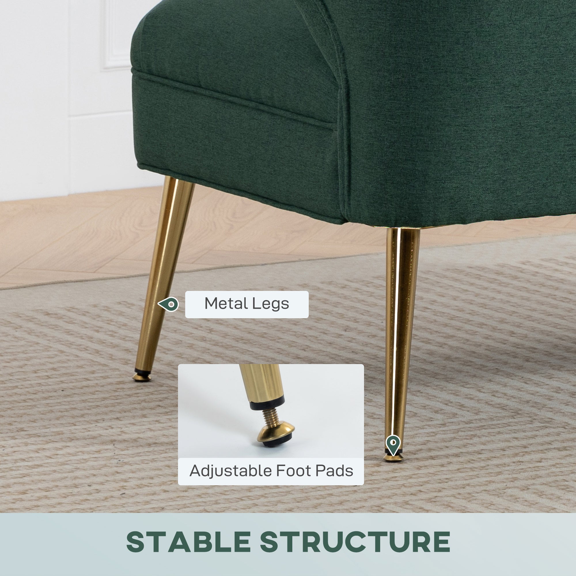 2 Seater Sofa, Linen-look Fabric Small Sofa with Wing Back, Thick Seat, Metal Legs, Dark Green