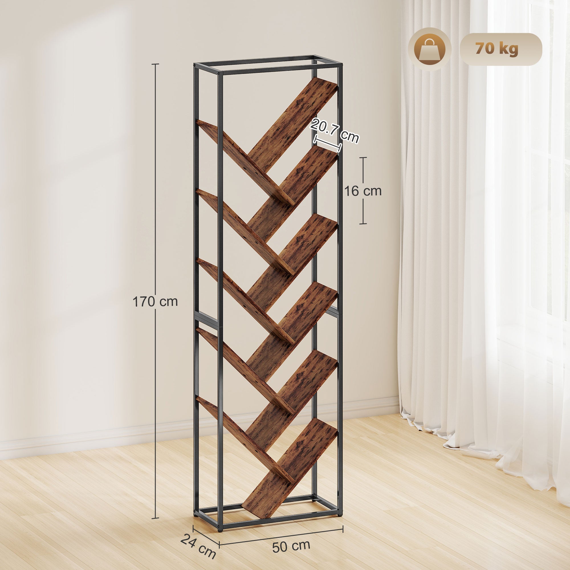 10 Shelf Industrial-Style Bookshelf - Black/Brown