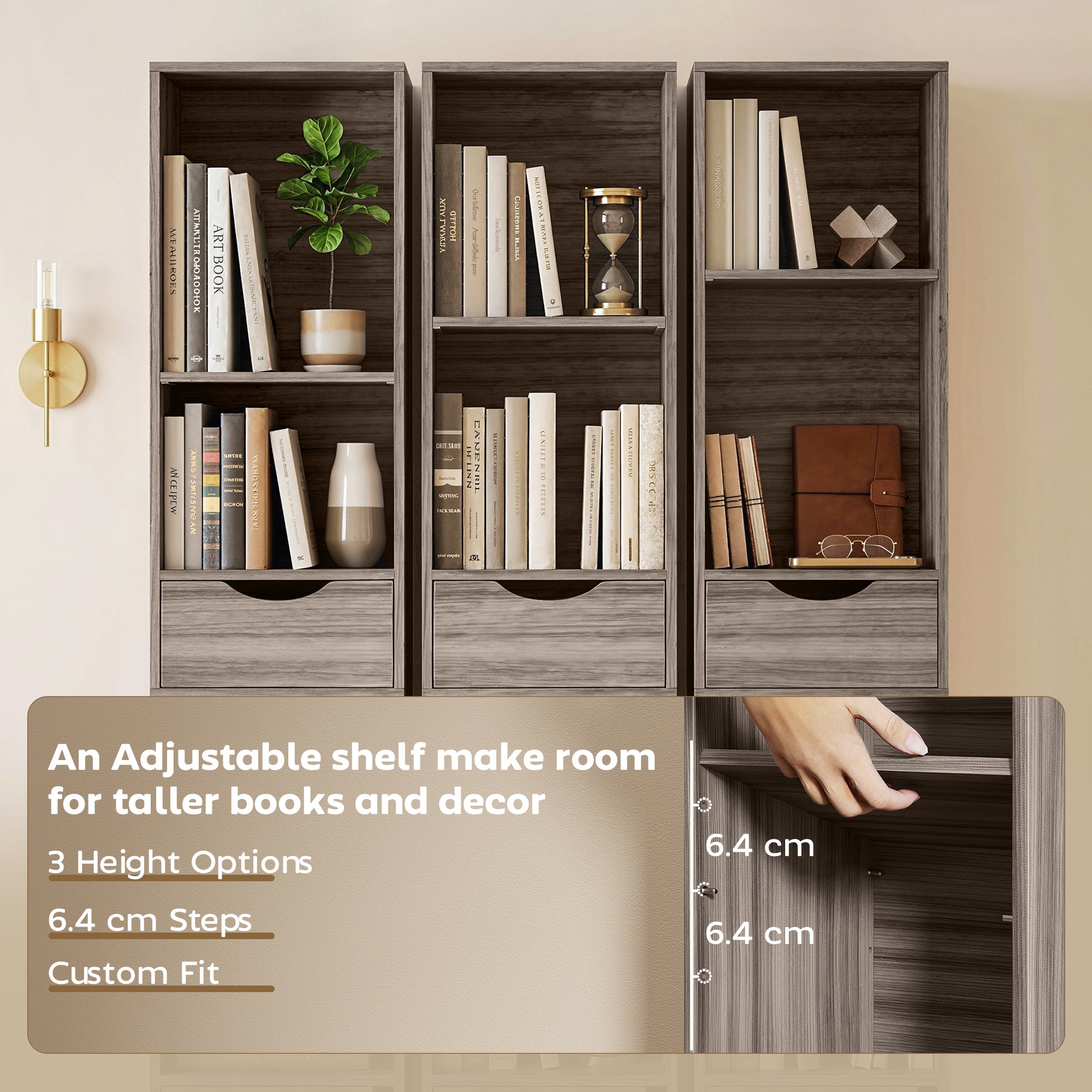 Bookcase with Drawers Adjustable Shelf Bookshelf with 2 Drawers and Cabinet 158 cm Grey