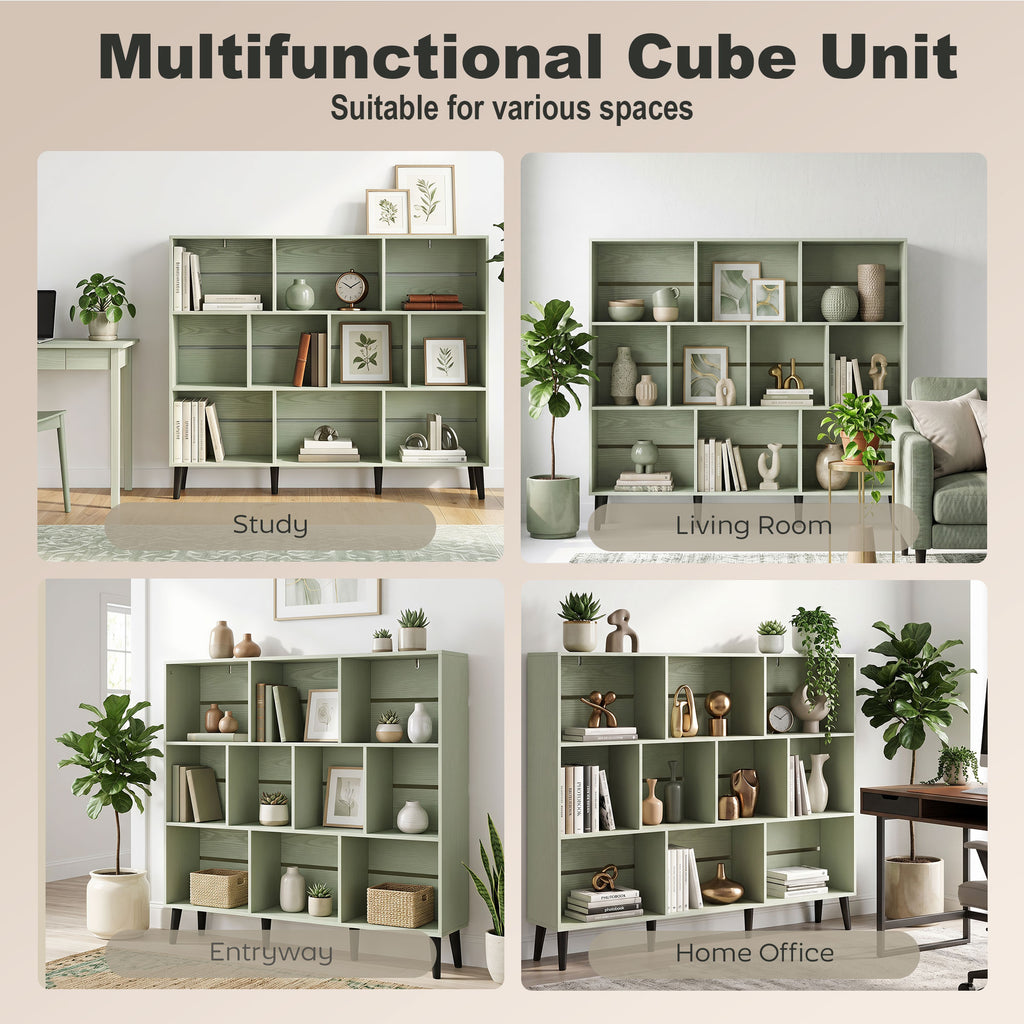 10-Cube Bookcase, 3-Tier Book Shelf with Solid Wood Legs, 140 cm Modern Bookshelf with Anti-Tip Kit, Light Green