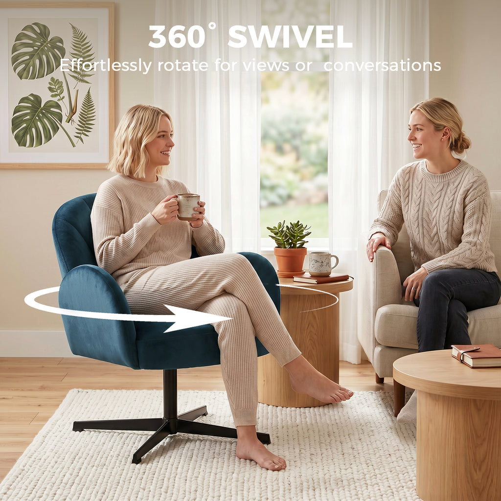 Swivel Accent Chair, Shell-Shaped Armchair with Spring Cushion, Metal Base, Dark Blue