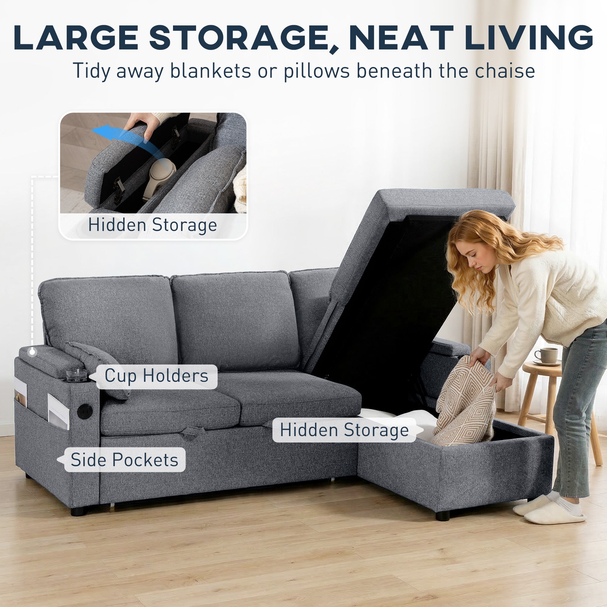 Corner Sofa Bed, L Shaped Sleeper Sectional Sofa with Reversible Storage Chaise, Grey