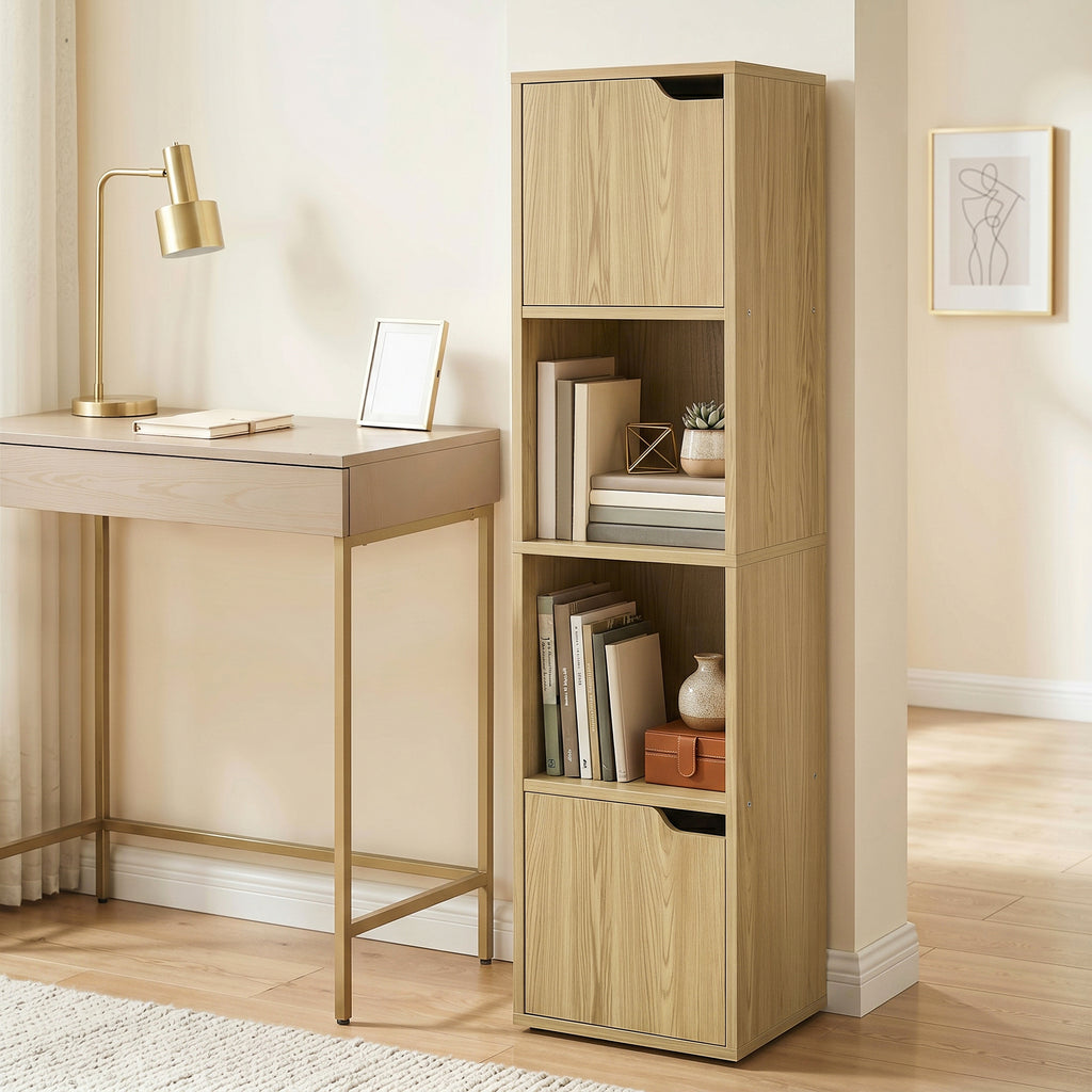 Narrow Bookcase, 4-Tier Bookshelf, Storage Cabinet with doors for Living Room, Bedroom, Oak