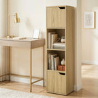 Narrow Bookcase, 4-Tier Bookshelf, Storage Cabinet with doors for Living Room, Bedroom, Oak