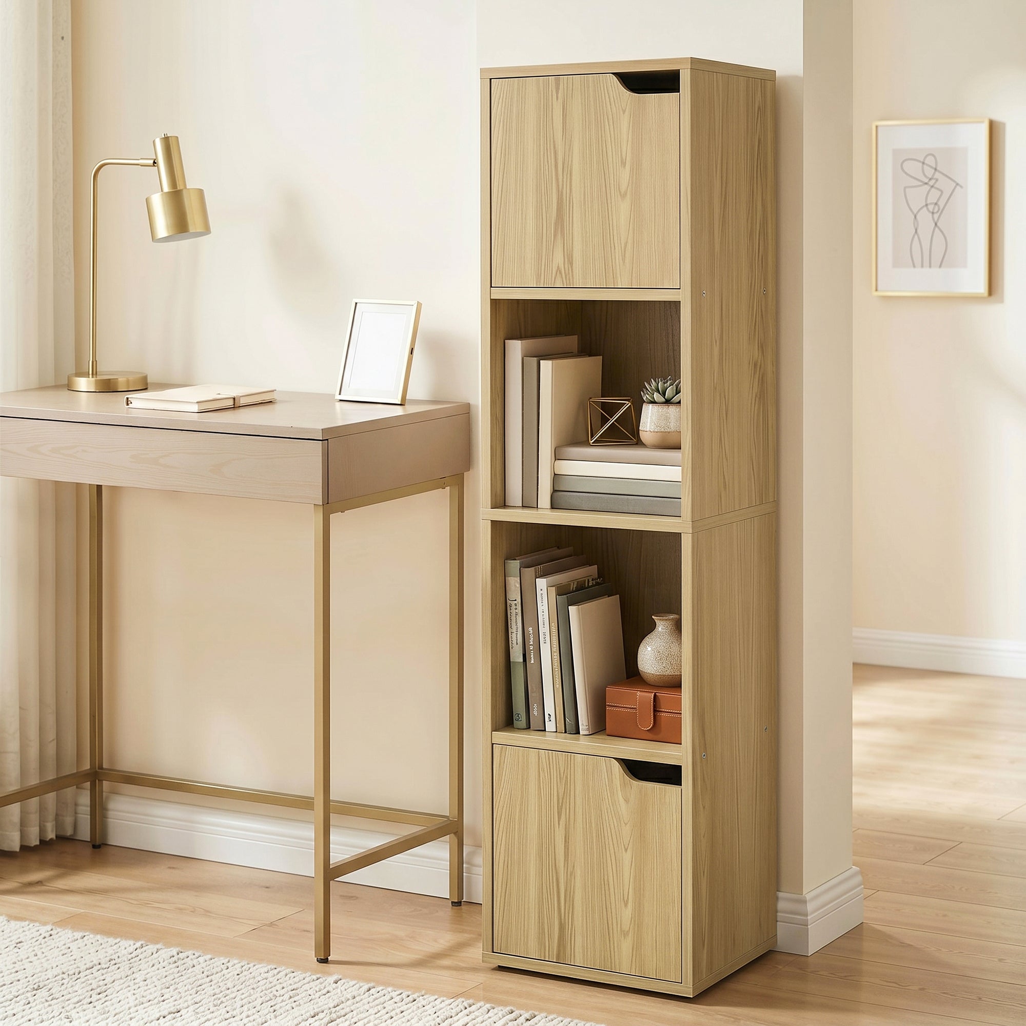 Narrow Bookcase, 4-Tier Bookshelf, Storage Cabinet with doors for Living Room, Bedroom, Oak