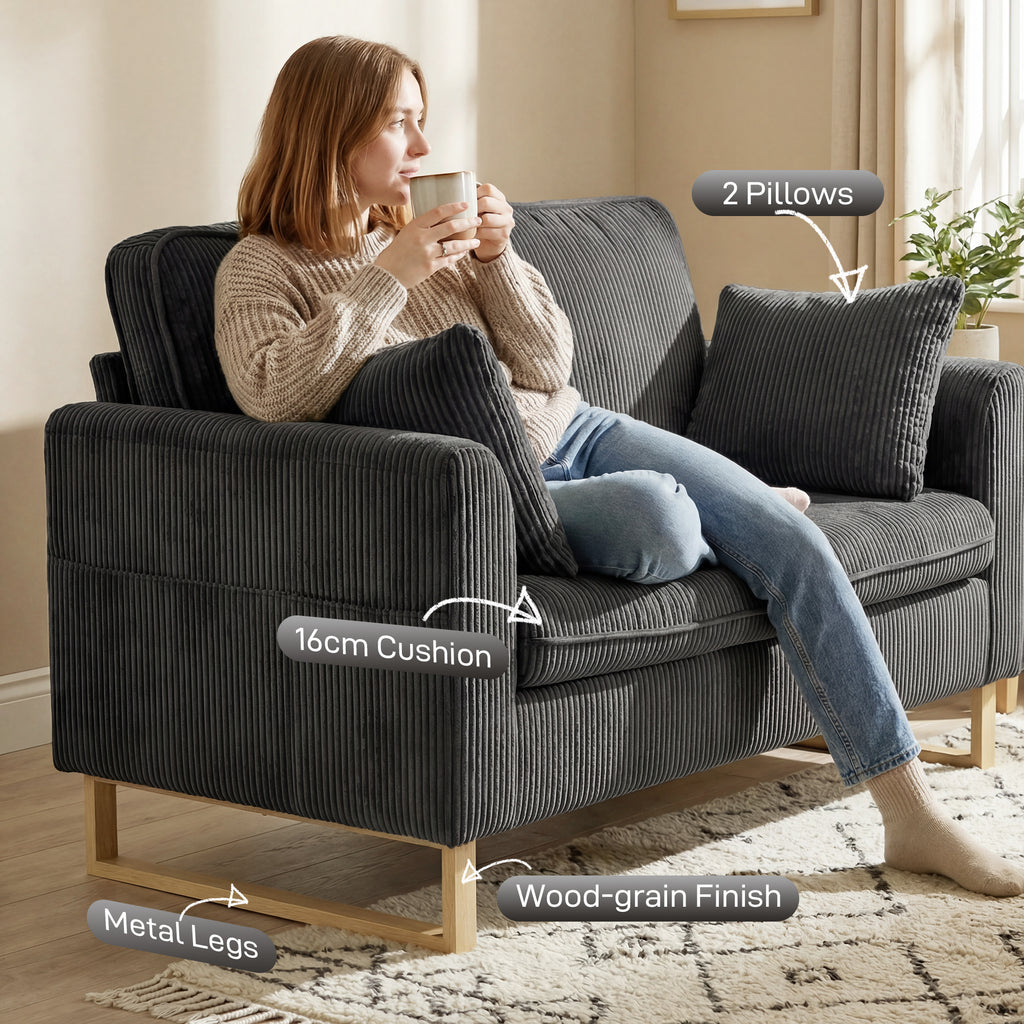 2 Seater Sofa, 140 cm Loveseat Sofa with Spring Cushions, Metal Legs, 2 Pillows, Dark Grey