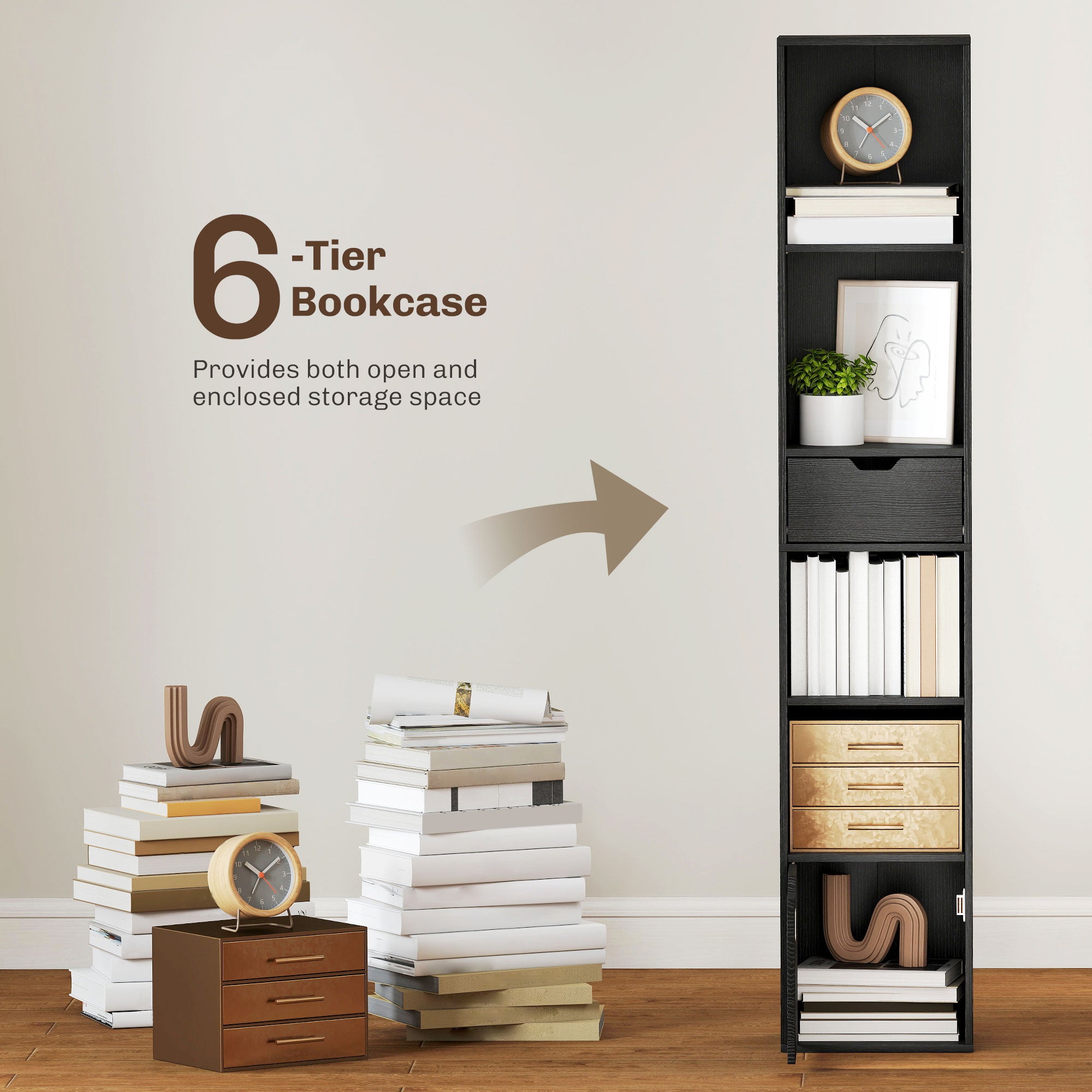 6-Tier Bookcase, Tall Narrow Bookshelf with Drawer and Door - Black