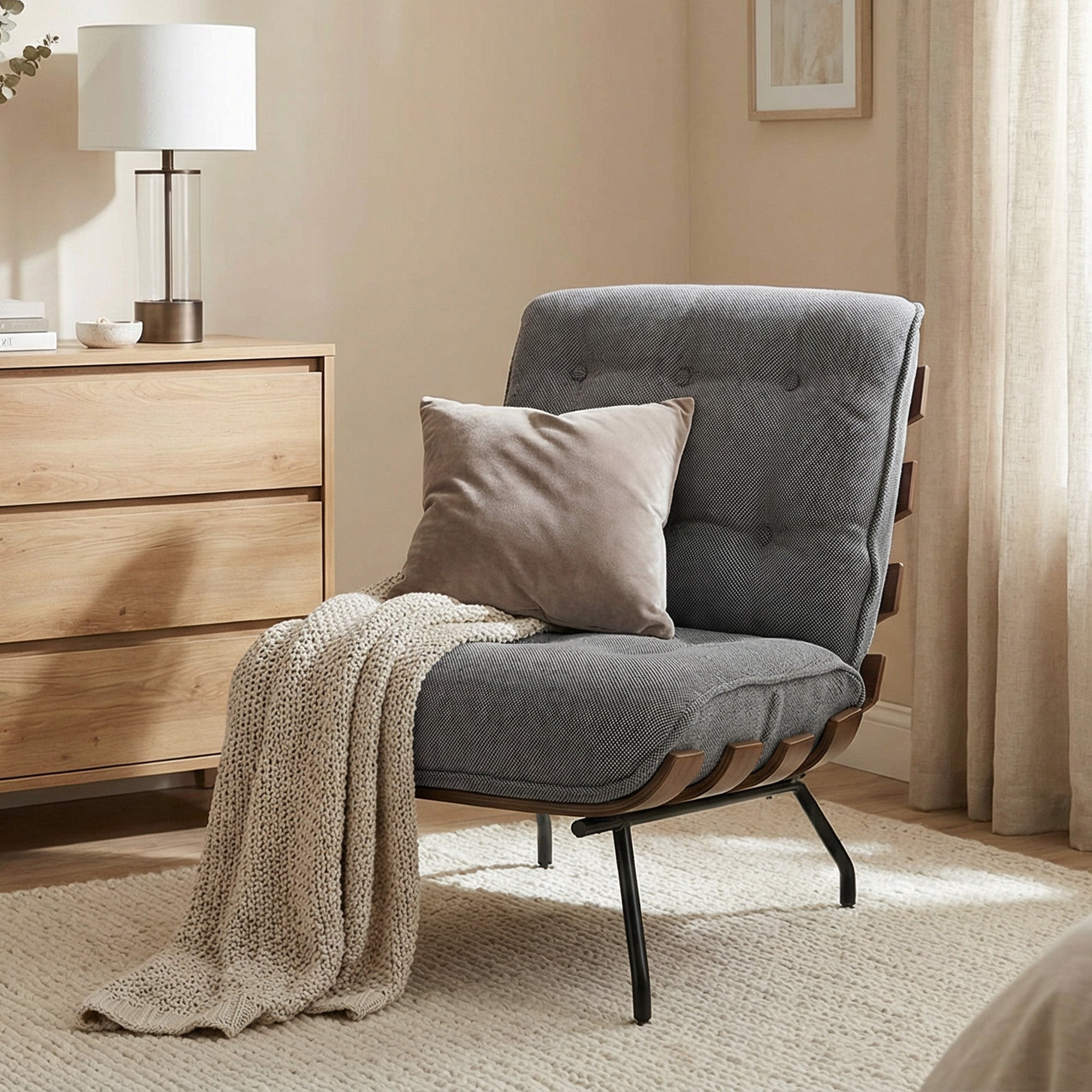 Accent Chair, Linen-look Fabric Reading Chair with Spring Cushion, Slatted Support, Steel Frame, Dark Grey