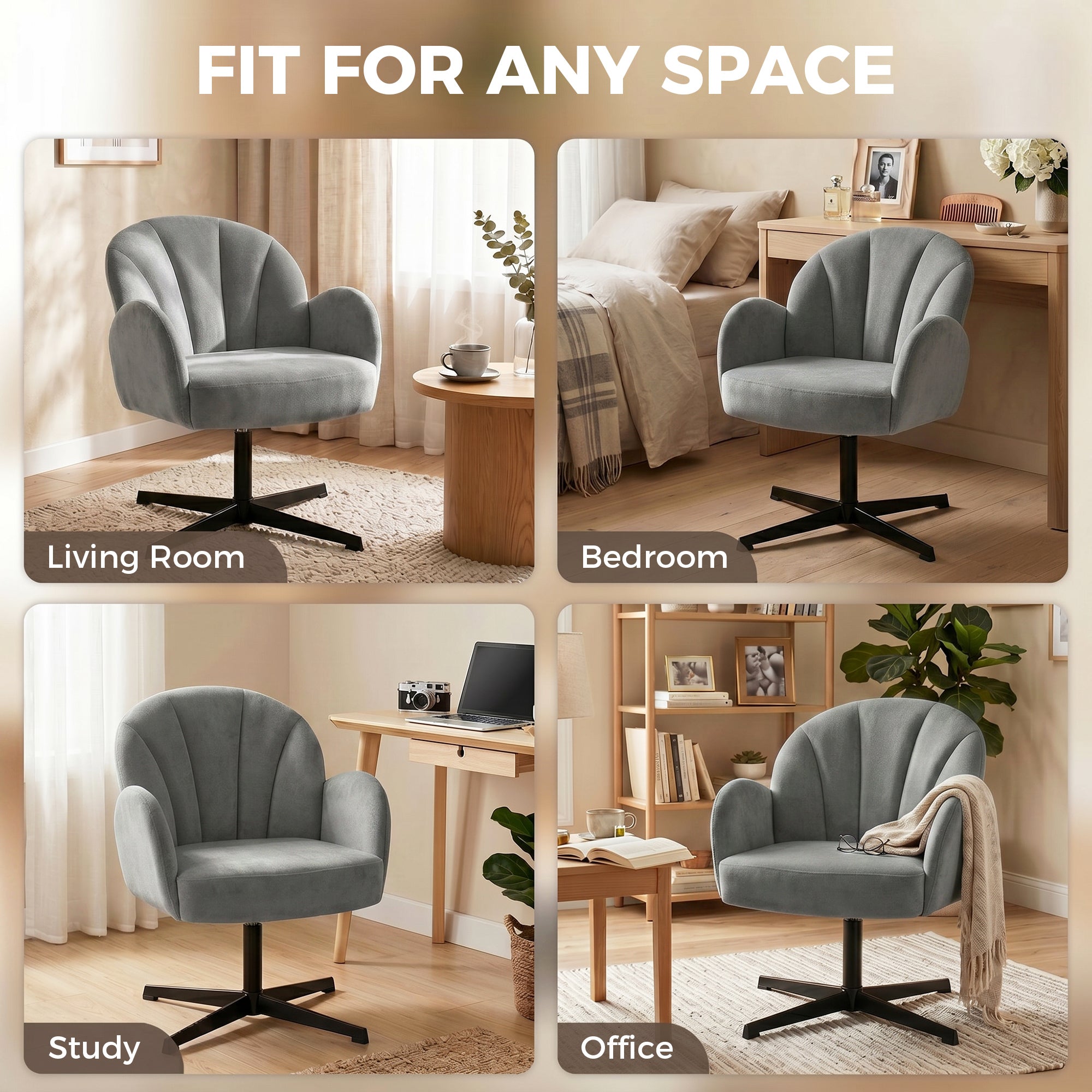 Swivel Accent Chair, Shell-Shaped Armchair with Spring Cushion, Metal Base, Grey