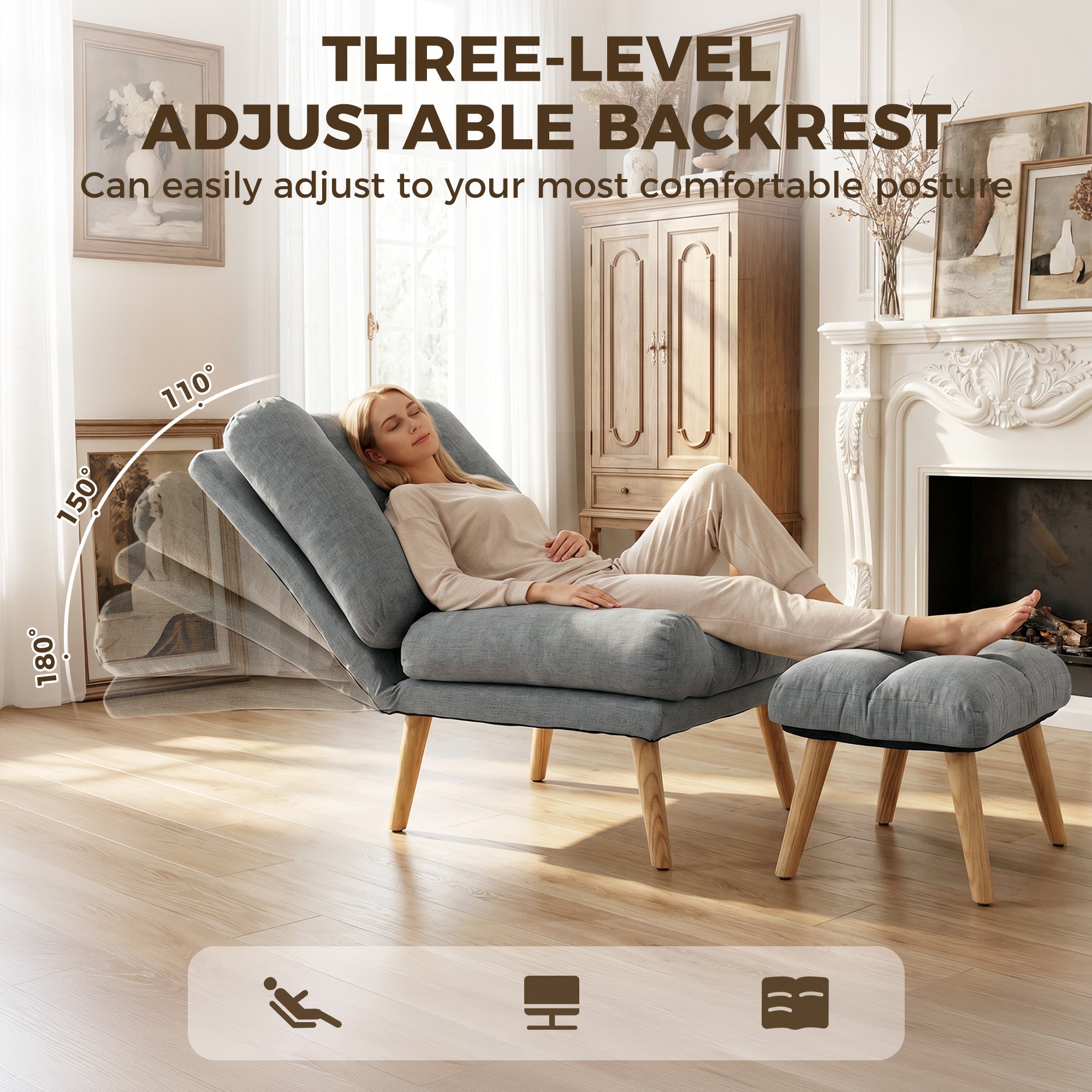 Recliner Chair with Footstool, Recliner Armchair with Adjustable Backrest, Thick Cushion and Wooden Legs, Grey
