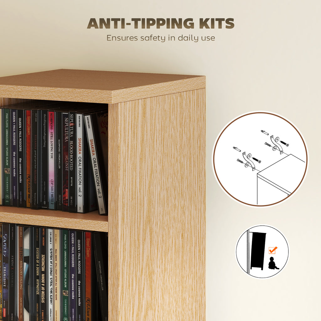 Set of 2 CD Media Display Shelf Unit Tower Rack with Adjustable Shelves, Natural