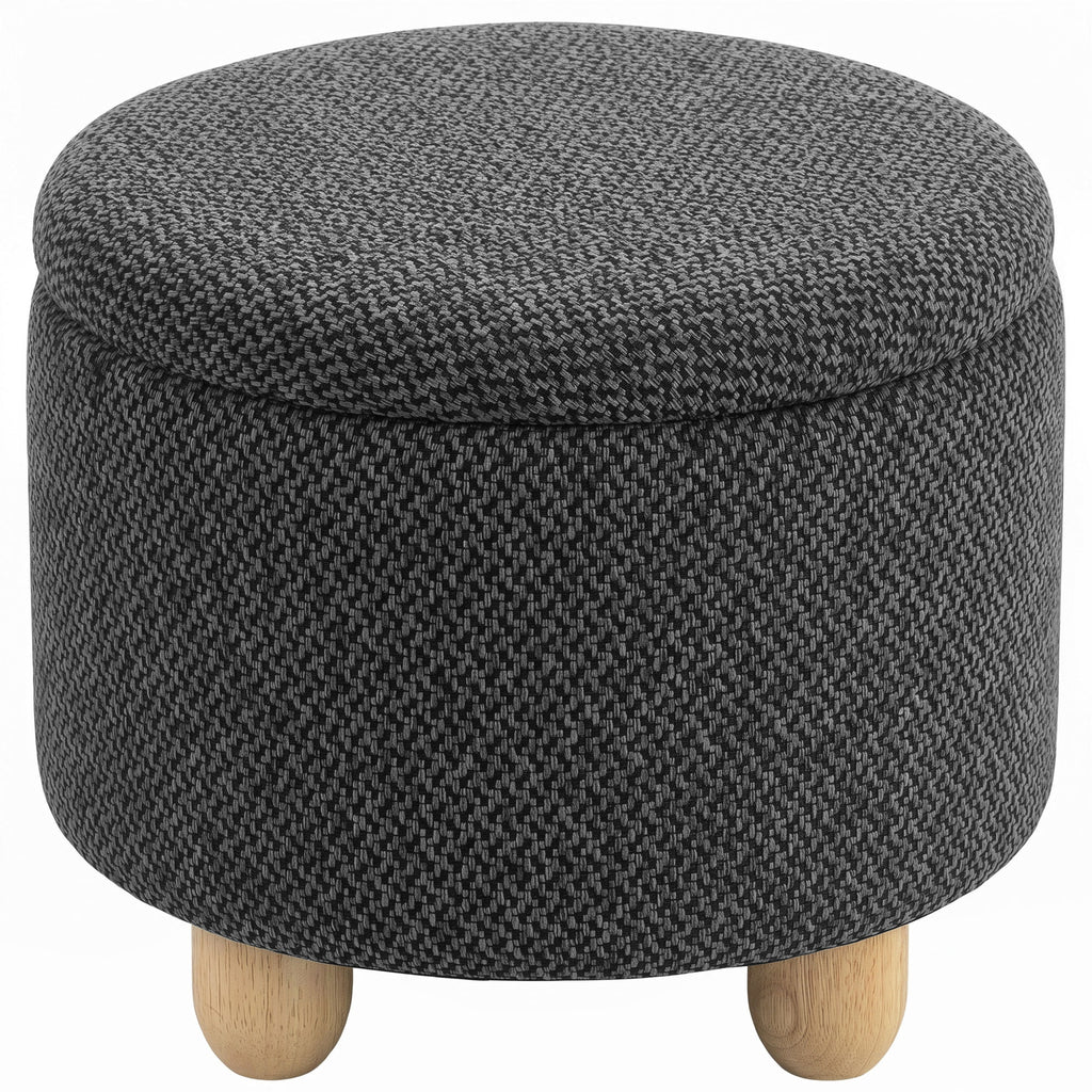 Storage Sitting Bench with Lid, Round Storage Ottoman with Rubberwood Legs, Dark Grey