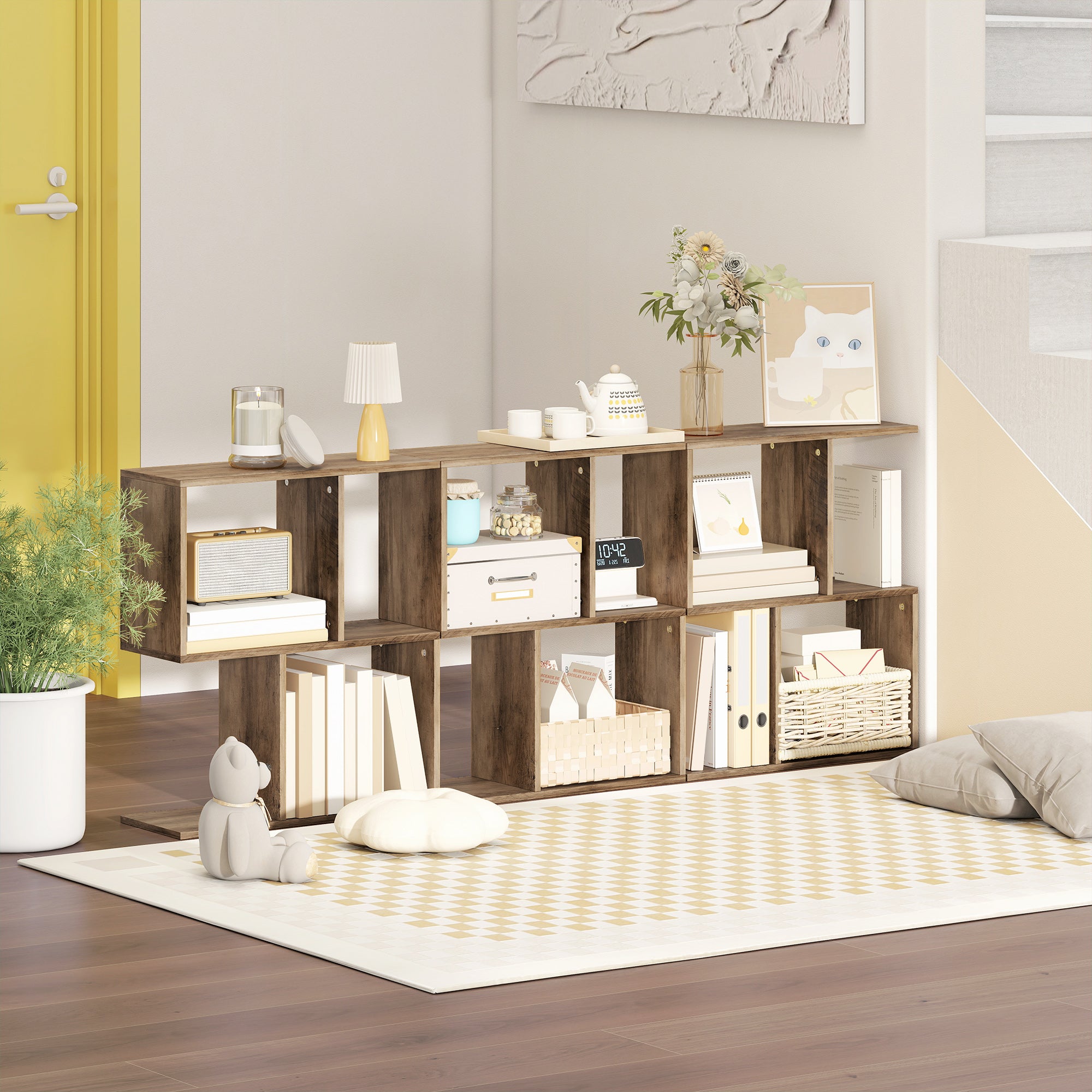 Side Table, Narrow End Table with Storage Shelves, S-Shaped, 3-Tier, 50W x 19.5D x 58H cm, Oak