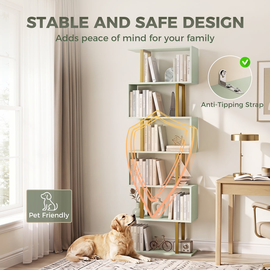 S-Shaped Bookshelf, 6-Tier Bookcase, Freestanding Storage Shelves with Anti-Tip Strap, Light Green