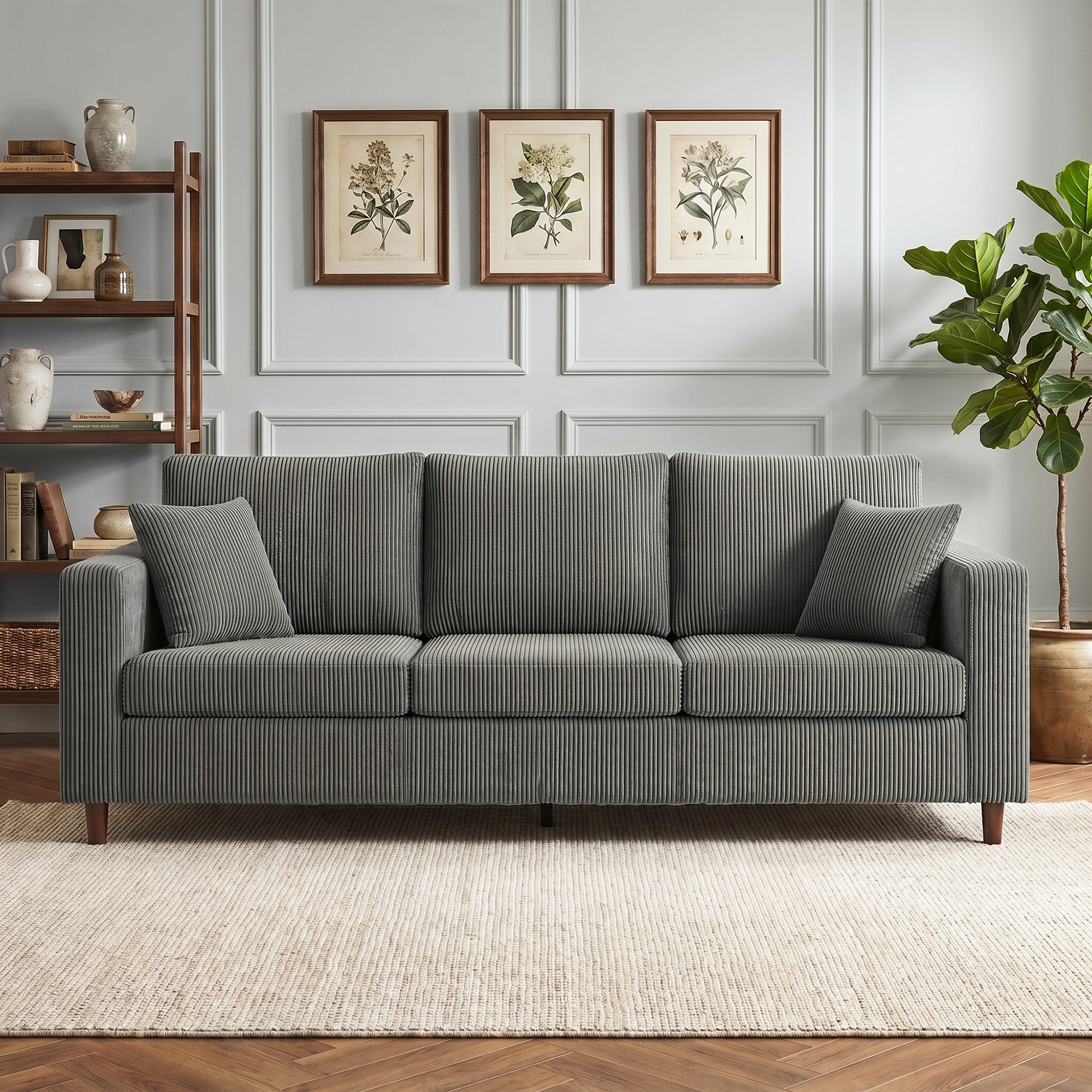 3 Seater Sofa with Wide Seat, Corduroy Fabric Couch with Deep Seat, Spring Cushion, Light Grey