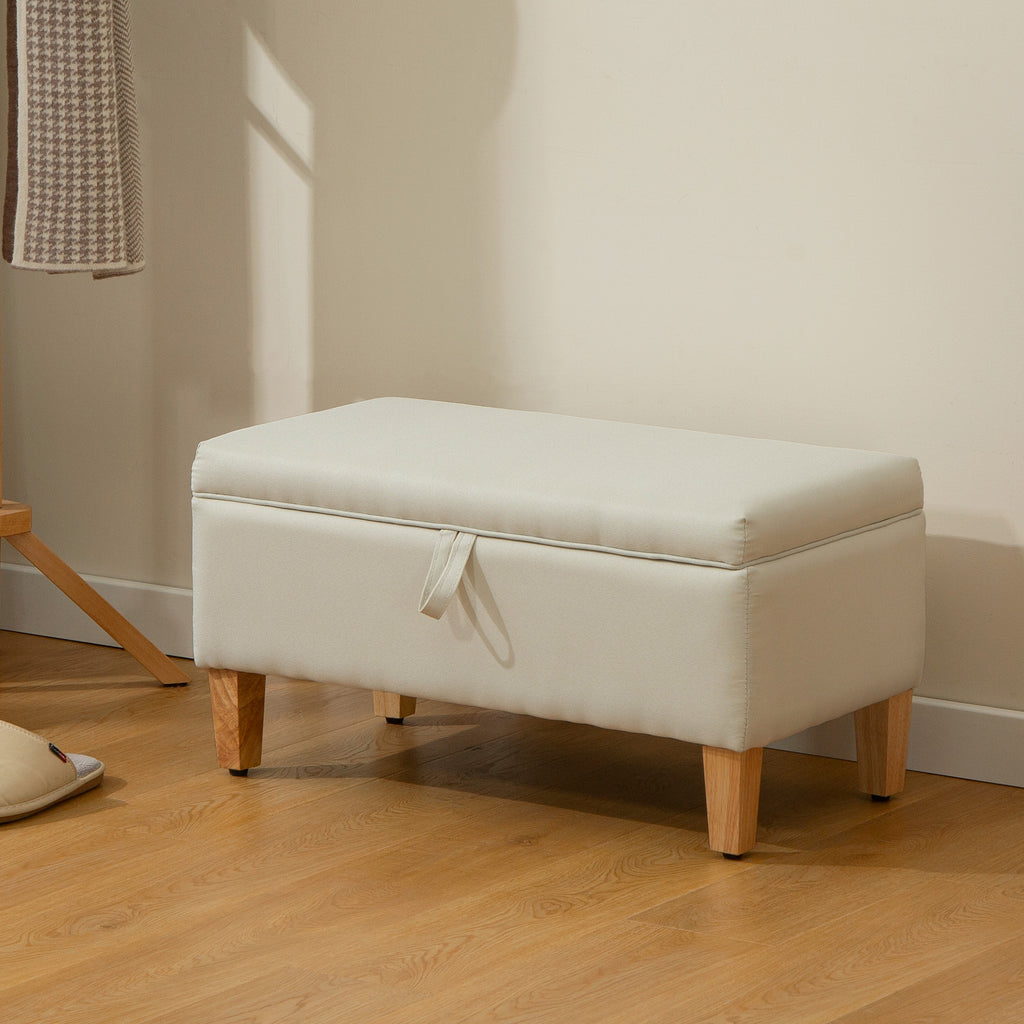 30L Linen Storage Ottoman Padded Footstool with Rubberwood Legs for Storage Box, Bed End, Shoe Bench, Seating, Beige