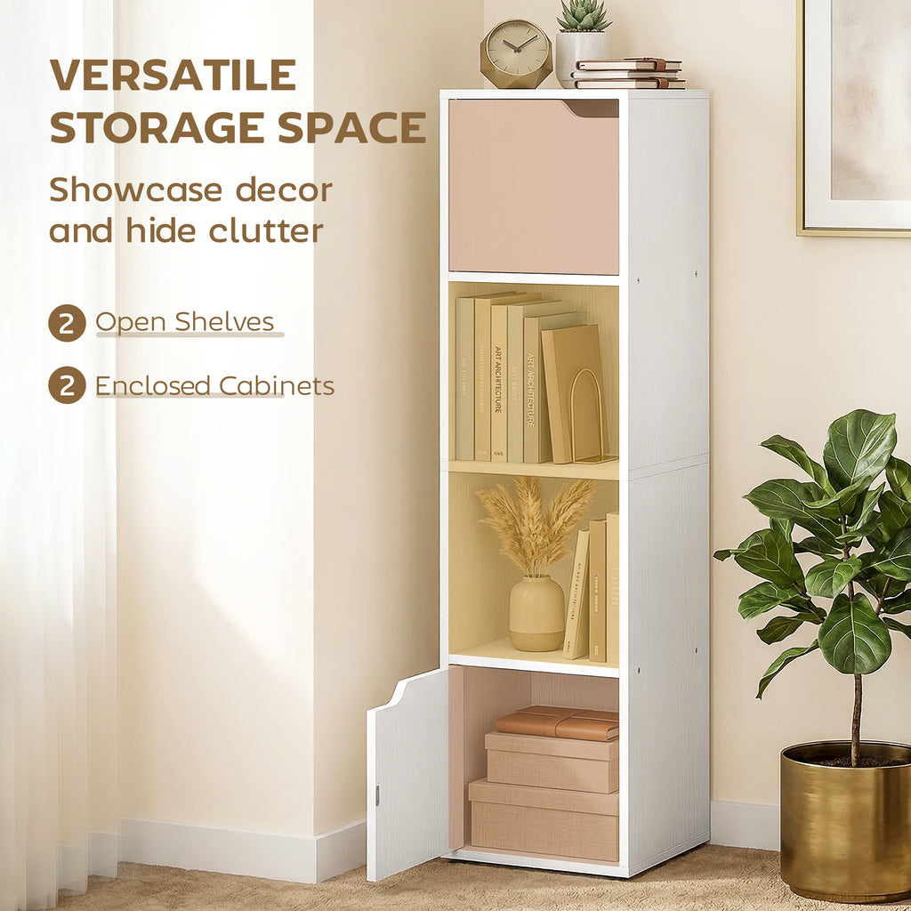 Narrow Bookcase, 4-Tier Bookshelf, Storage Cabinet with doors for Living Room, Bedroom, White