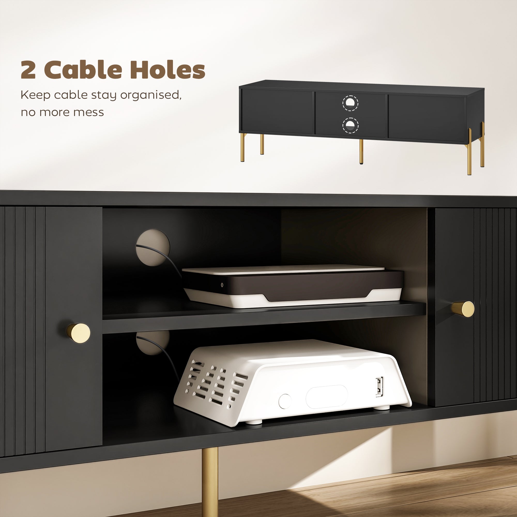 TV Stand for TVs up to 65", Entertainment Center with 2 Open Shelves, 2 Cabinets and Steel Legs for Living Room, Black