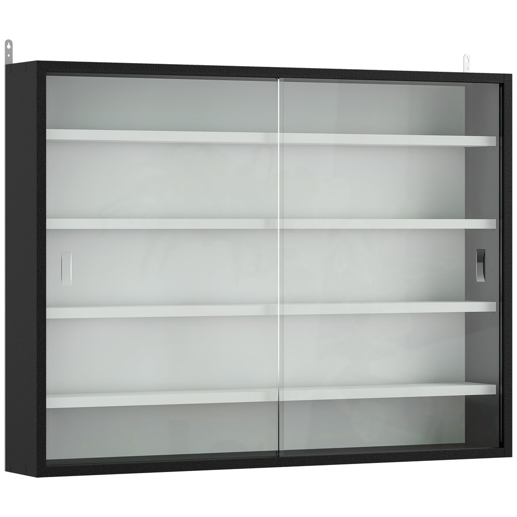 5-Tier Wall Display Cabinet,  Wall Mounted Display Case w/ 4 Adjustable Shelves, Glass Doors, 60x80cm, Black and White