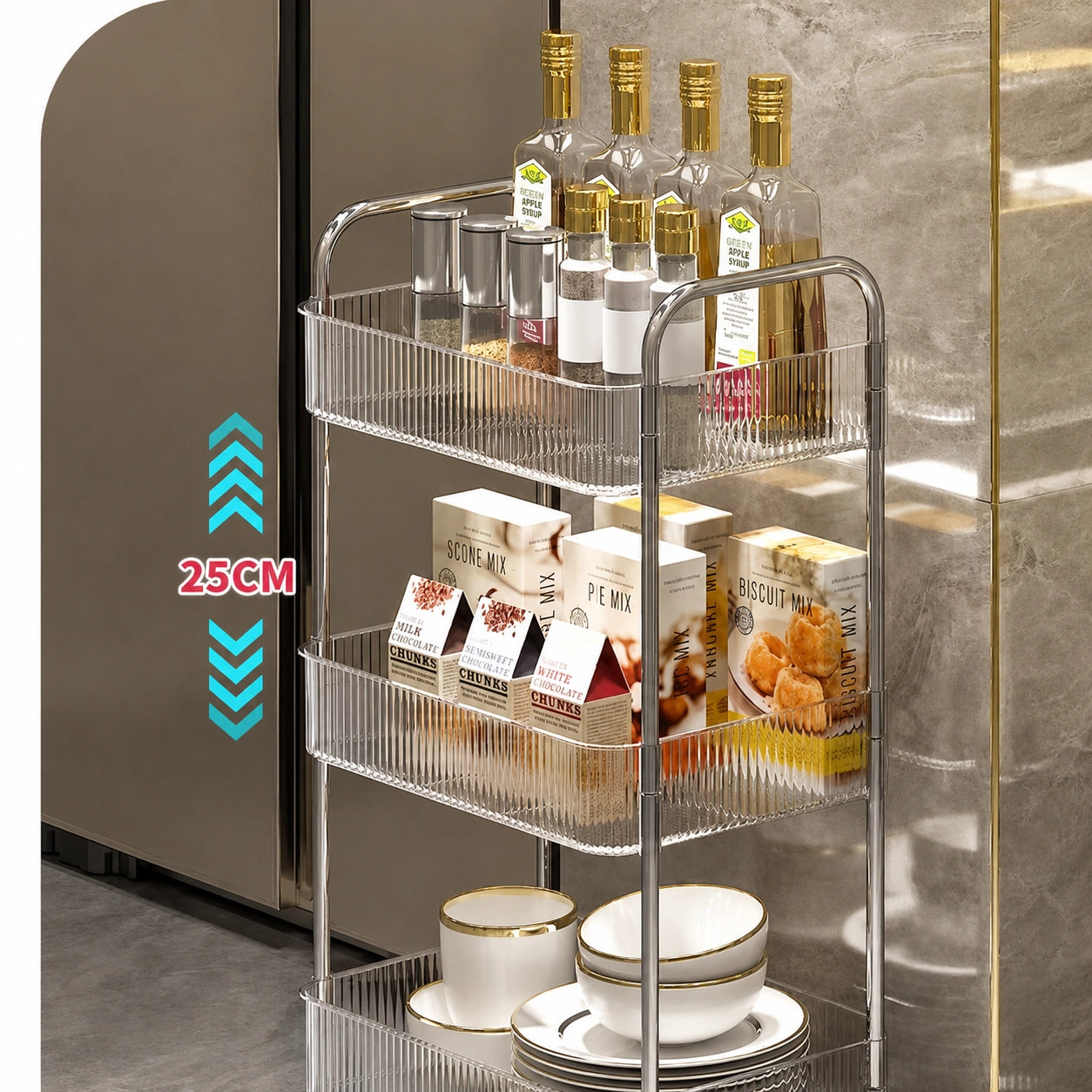 2, 3 or 4-Tier Storage Trolley on Wheels with Acrylic Shelves