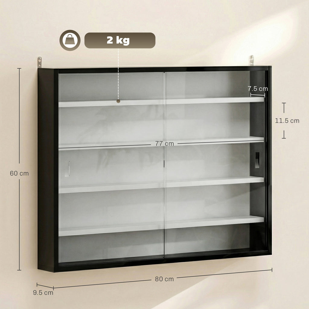 5-Tier Wall Display Cabinet,  Wall Mounted Display Case w/ 4 Adjustable Shelves, Glass Doors, 60x80cm, Black and White