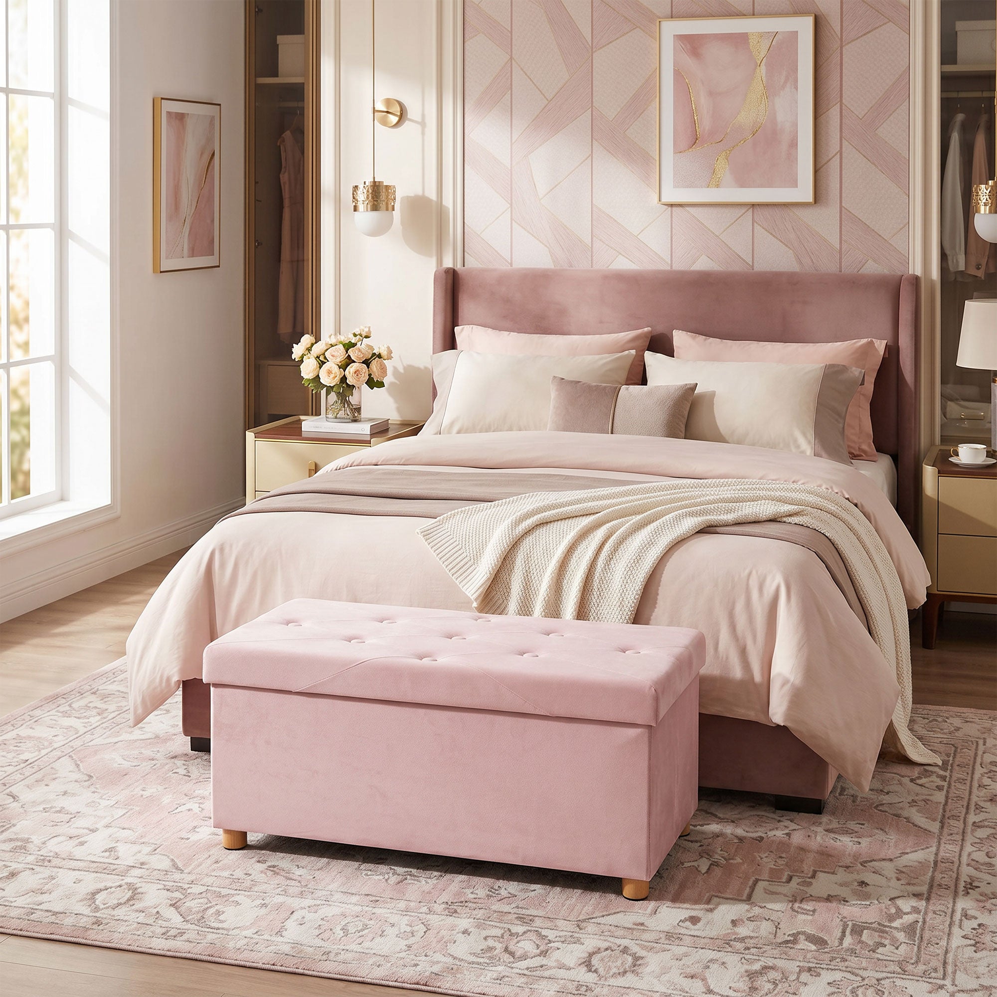 Velvet Upholstered Foldable Ottoman Footrest, Storage Ottoman Bench with Wood Legs for Living Room, Pink