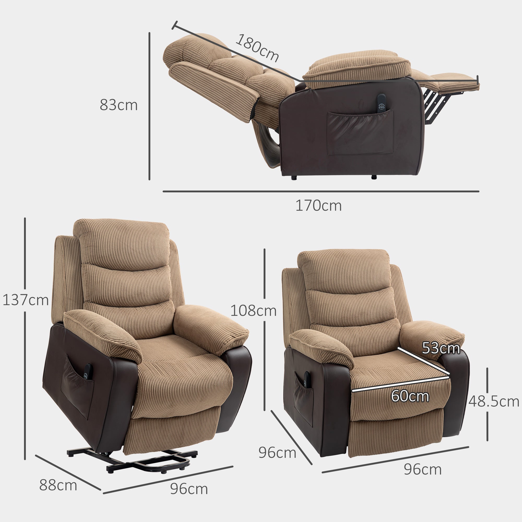 HOMCOM Overstuffed Corduroy Electric Lift Recliner Chair - Brown