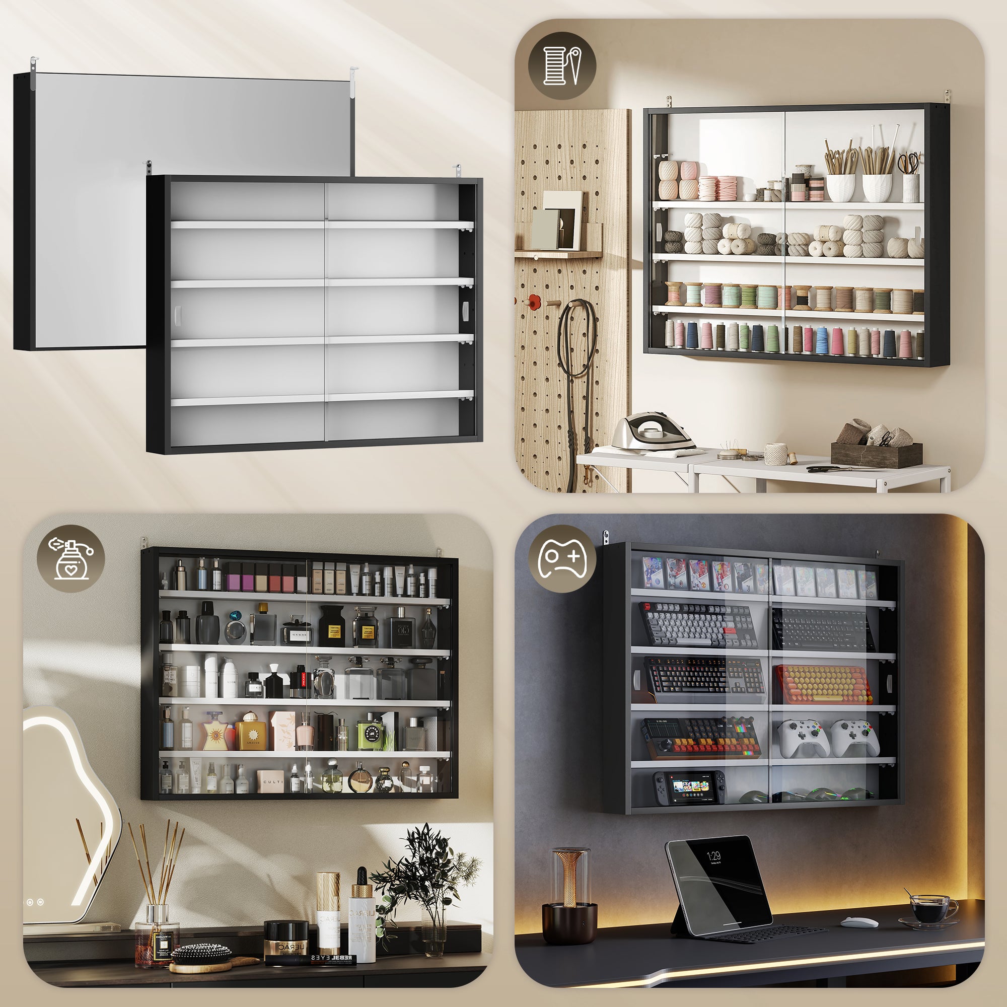 5-Tier Wall Display Cabinet,  Wall Mounted Display Case w/ 4 Adjustable Shelves, Glass Doors, 60x80cm, Black and White