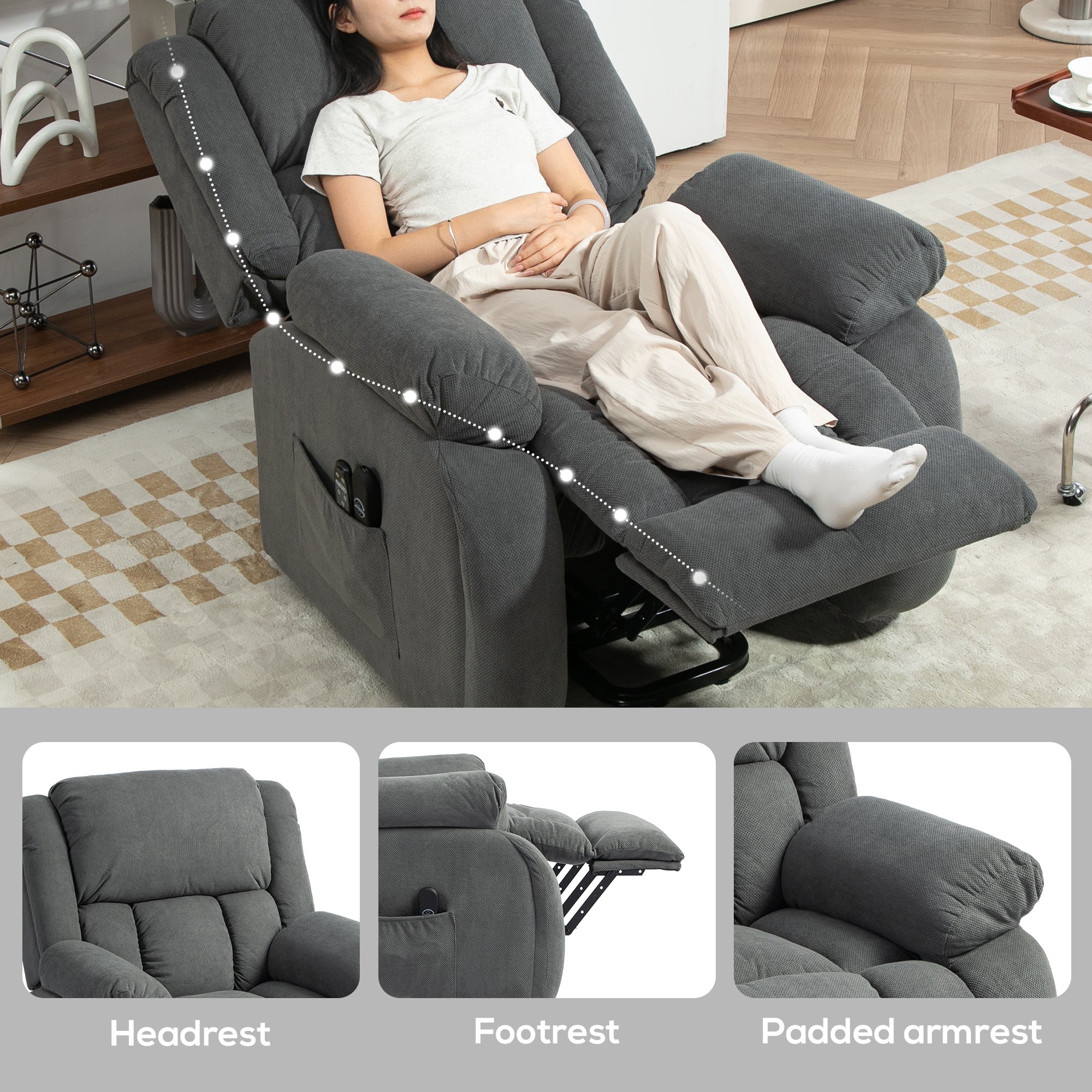 Recliner Armchair Lift Chair, Electric Recliner Chair with Vibration Massage and Heat, Wide Seat, USB Port, Grey
