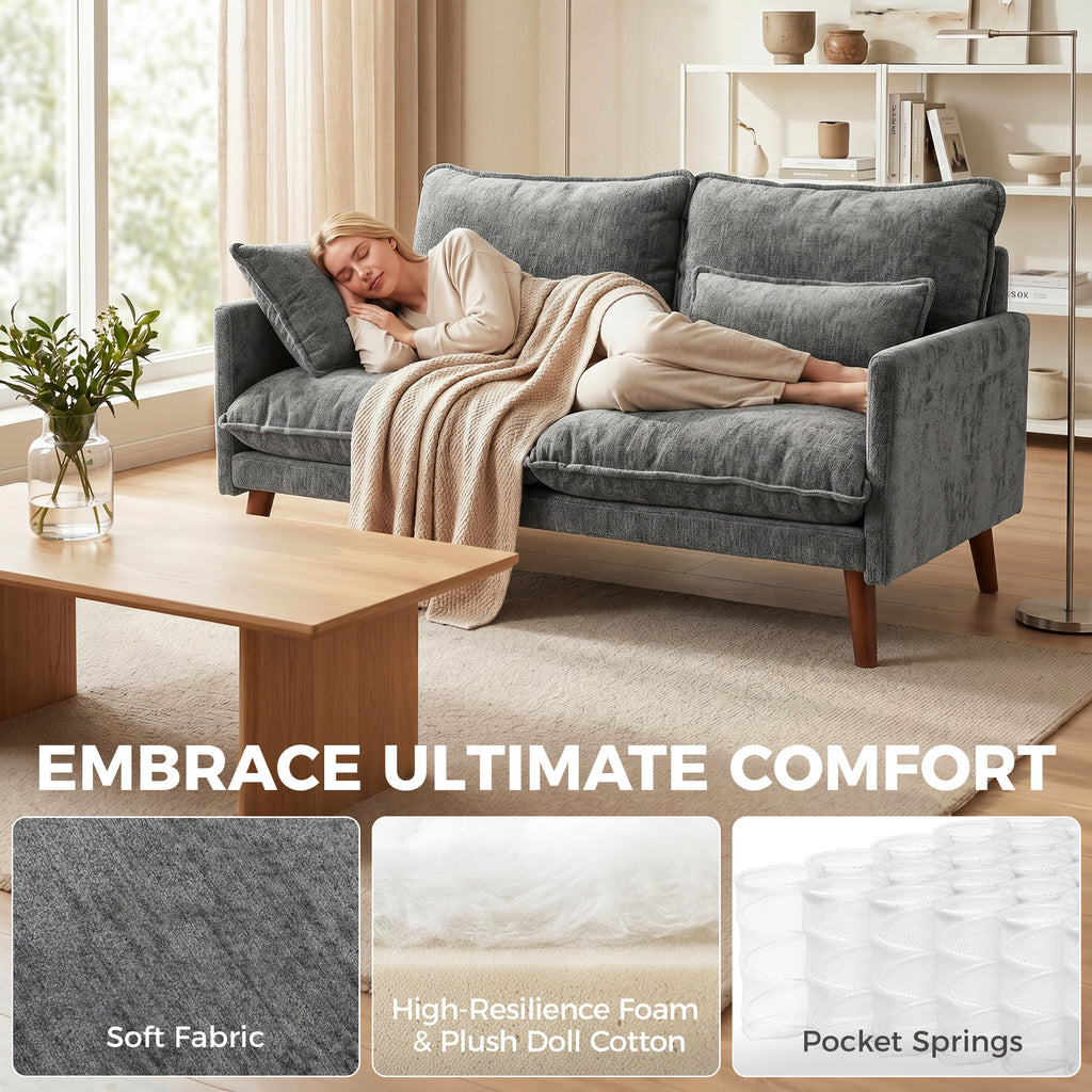 2 Seater Sofa, Loveseat Sofa with Spring Cushions, Wide and Deep Seat, Wood Legs, Grey