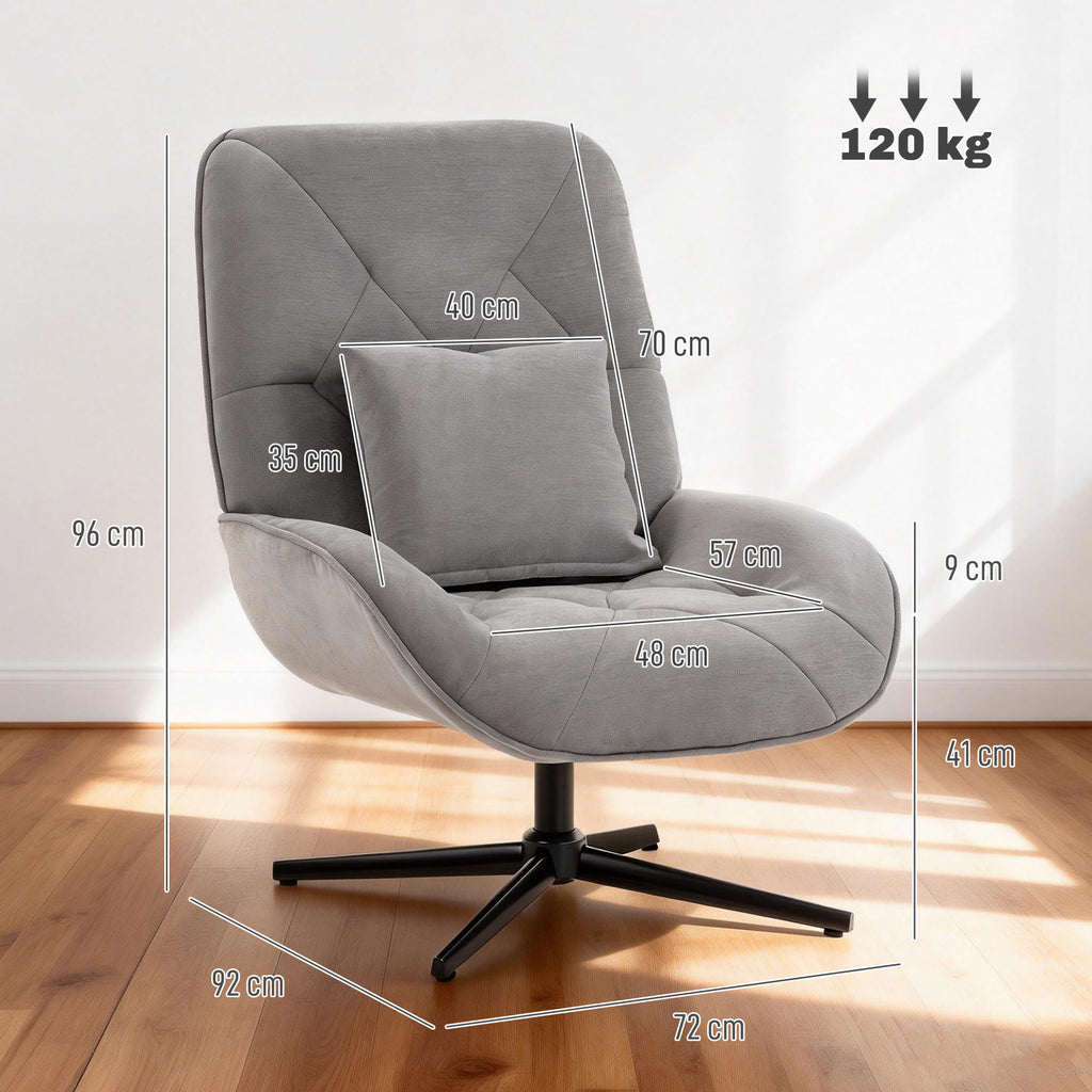 Accent Chair, Chenille Upholstered Swivel Armchair with Lumbar Pillow, High Back, Deep Seat and Metal Legs, Light Grey