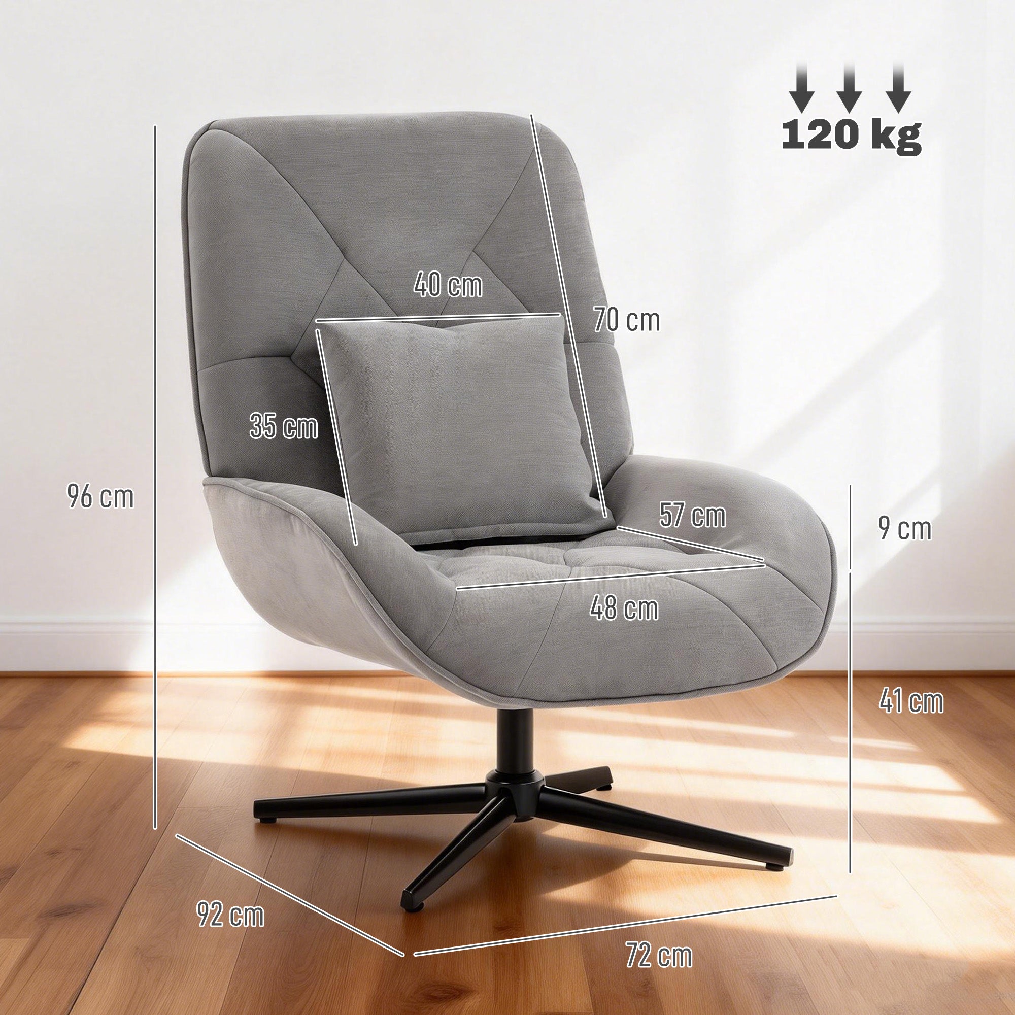 Accent Chair, Chenille Upholstered Swivel Armchair with Lumbar Pillow, High Back, Deep Seat and Metal Legs, Light Grey