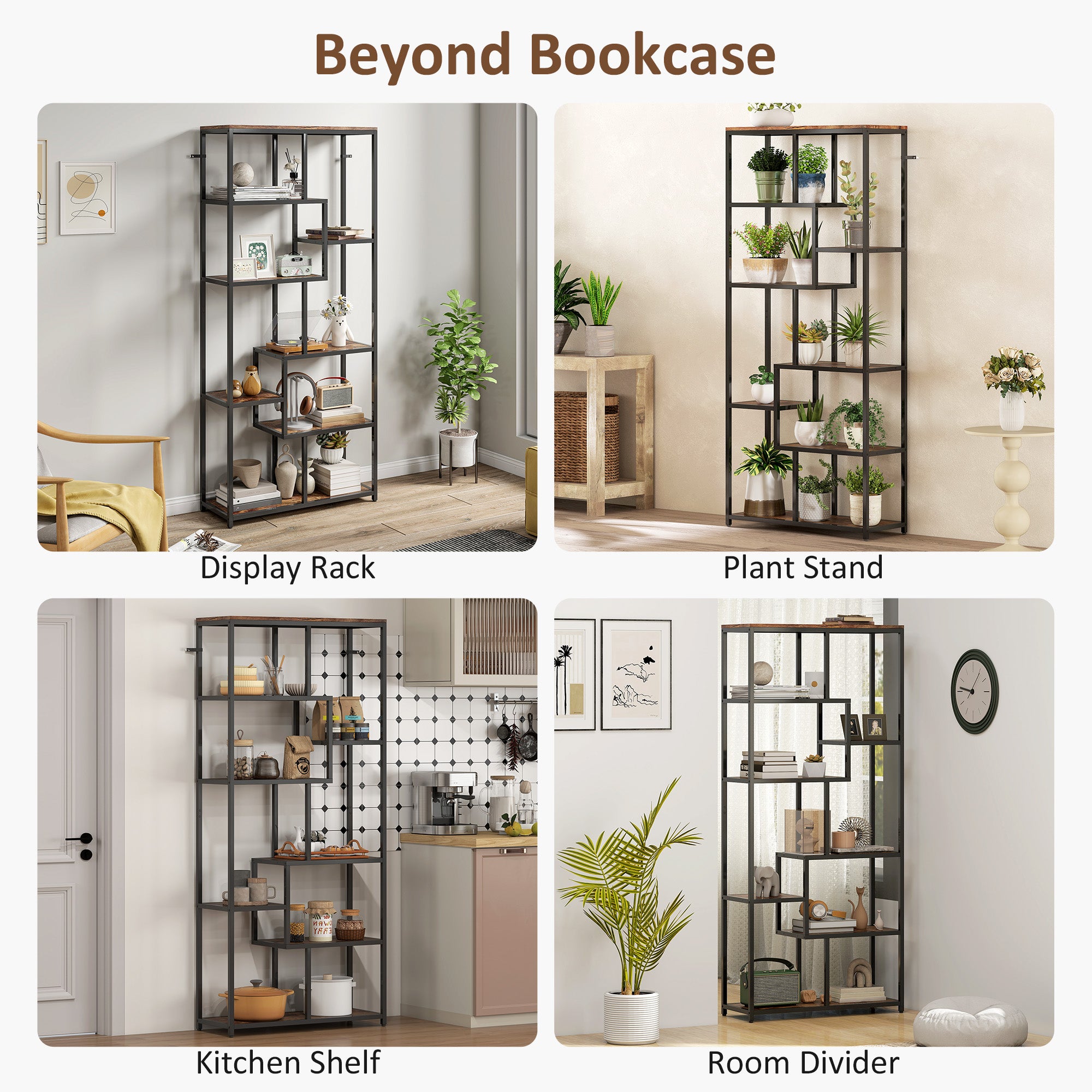 Seven-Tier Geometric Bookcase - Brown/Black