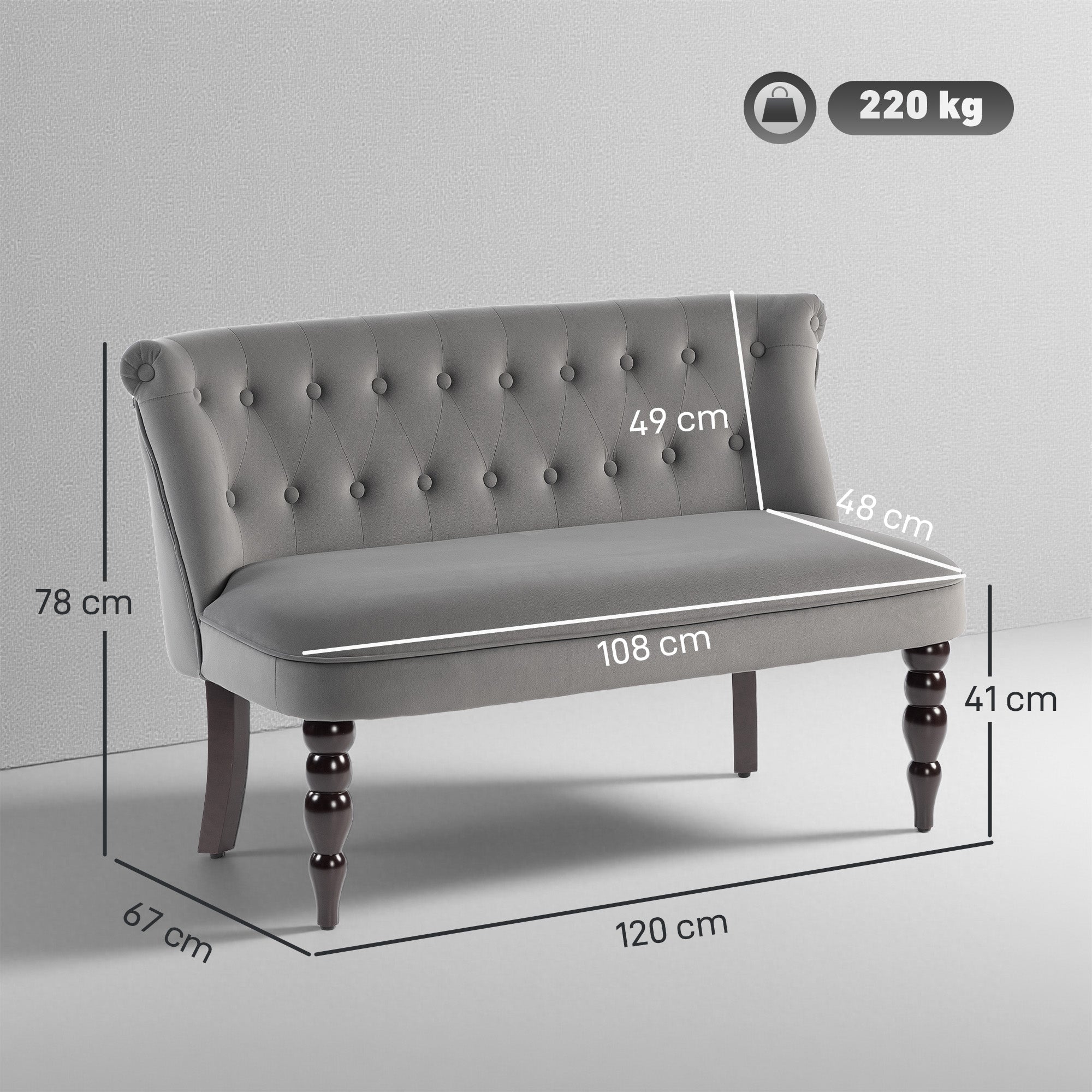 Velvet 2 Seater Sofa, Button Tufted Wingback Loveseat with Rubber Wood Legs for Living Room, Bedroom, Charcoal Grey