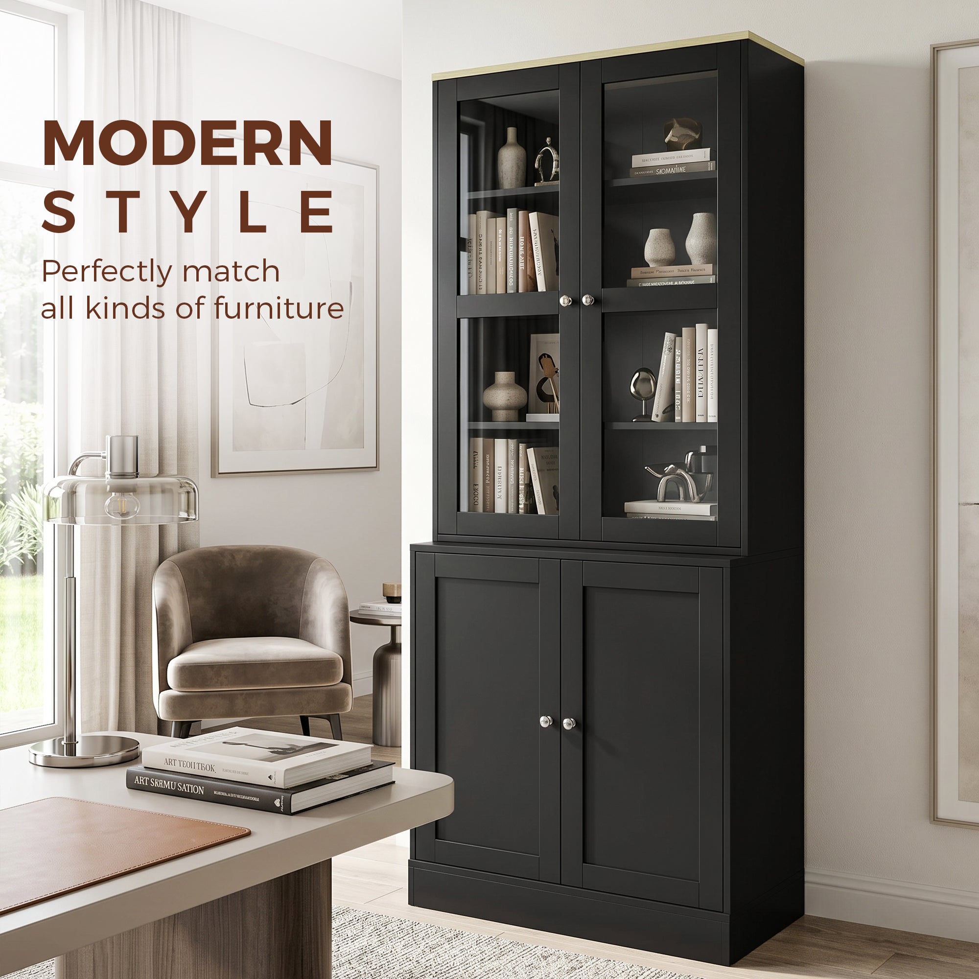 Modern Bookcase Display Storage Unit with Glass Doors Adjustable Shelves, Black